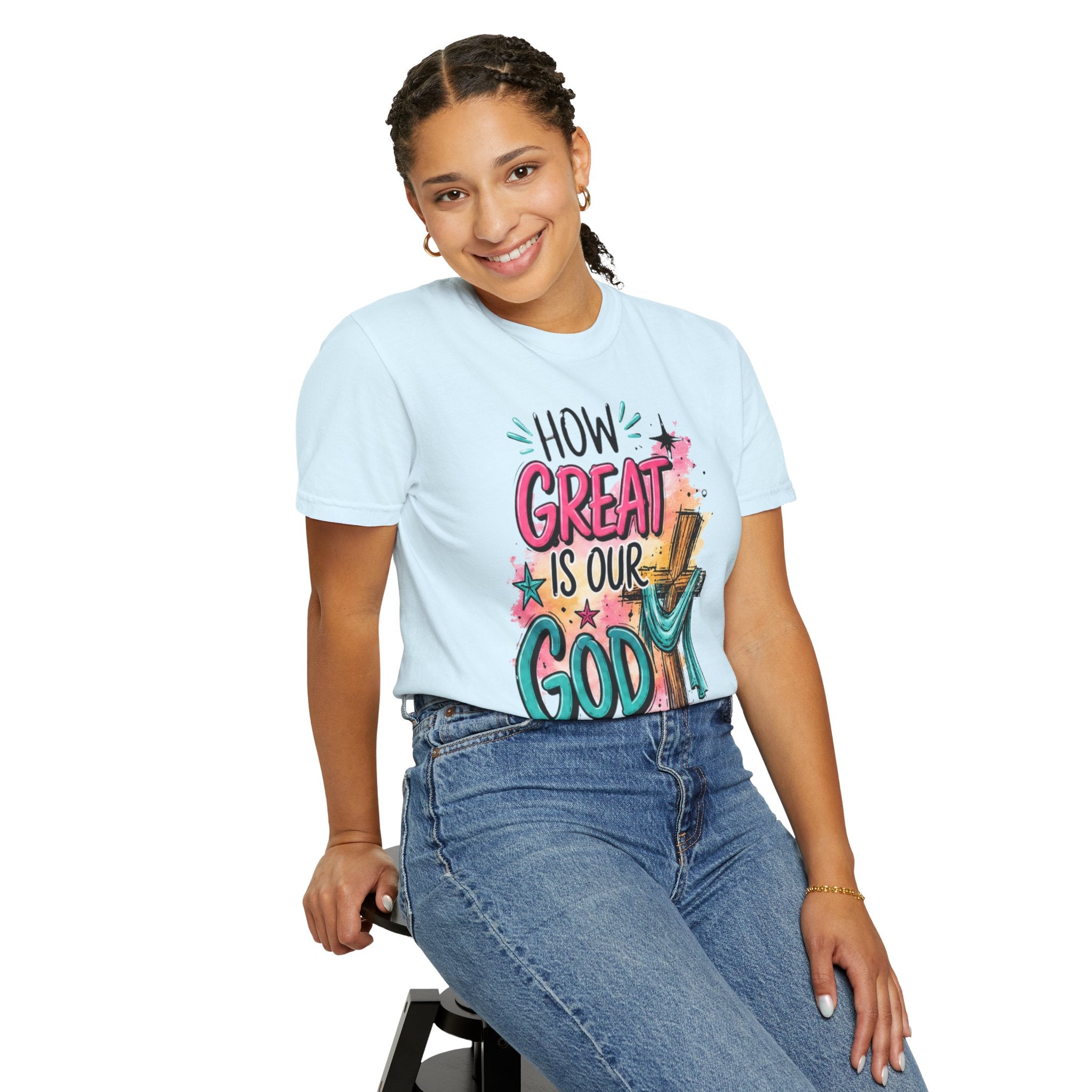 How Great Is Our God Christian T-Shirt — Cross Illustration & Inspirational Scripture Tee