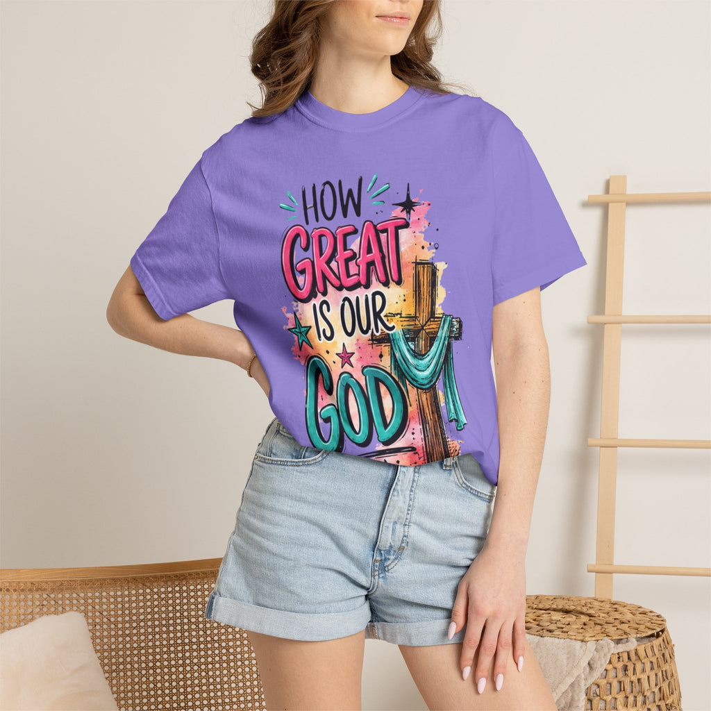 How Great Is Our God Christian T-Shirt — Cross Illustration & Inspirational Scripture Tee
