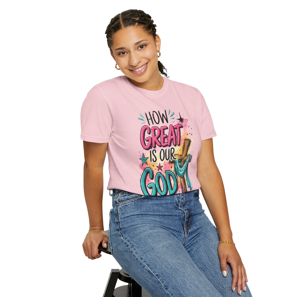 How Great Is Our God Christian T-Shirt — Cross Illustration & Inspirational Scripture Tee