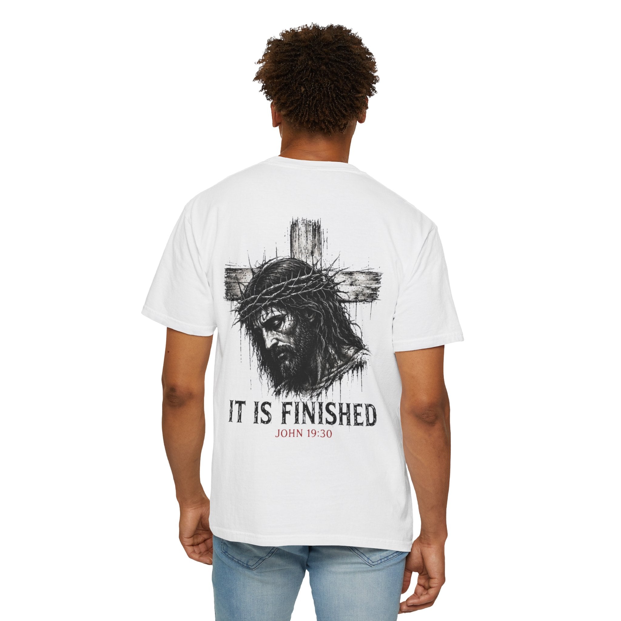 Religious T-Shirt - 'It Is Finished' Jesus Crown of Thorns Cross Tee (John 19:30)