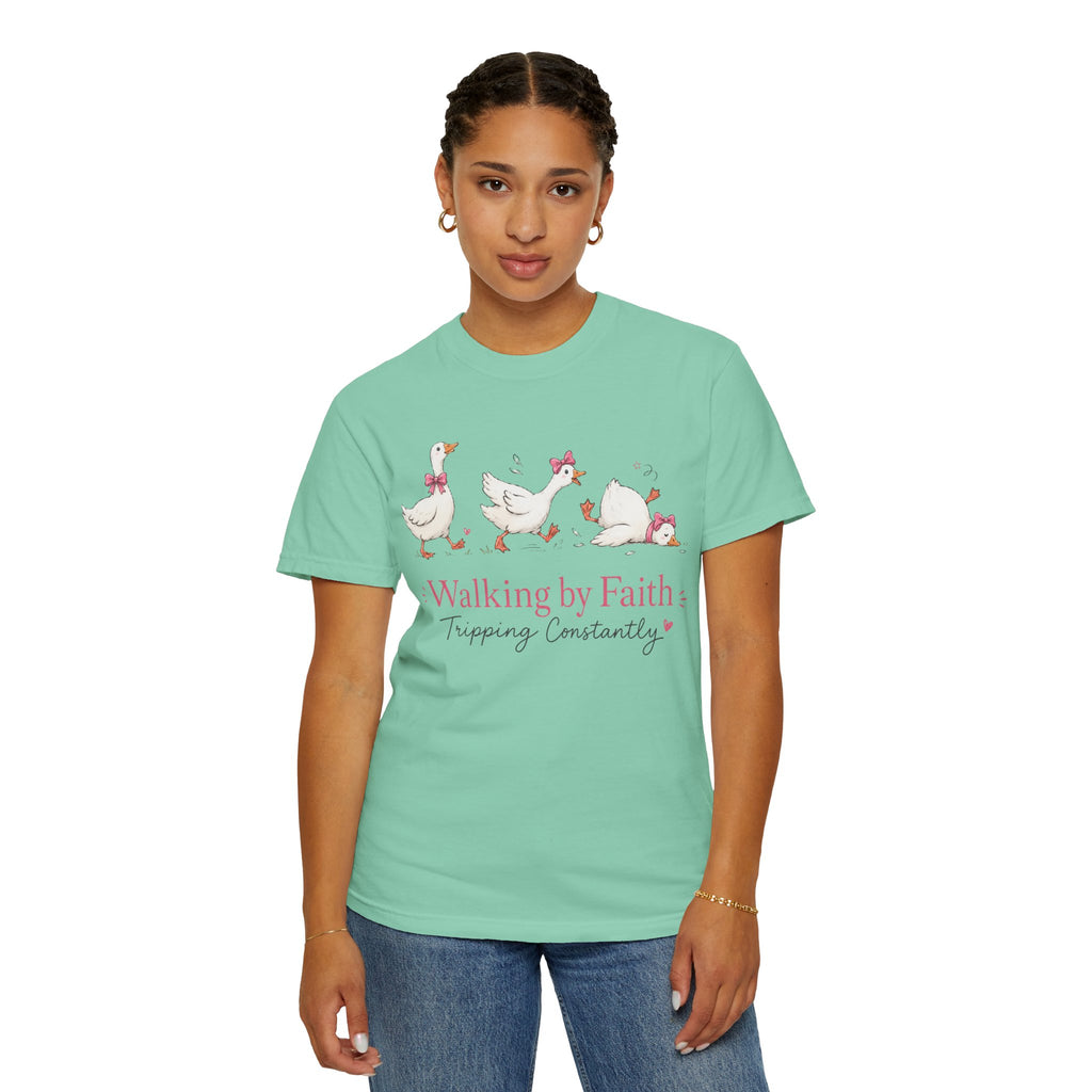 Walking by Faith Duck T‑Shirt — 'Walking by Faith, Tripping Constantly' Cute Christian Tee
