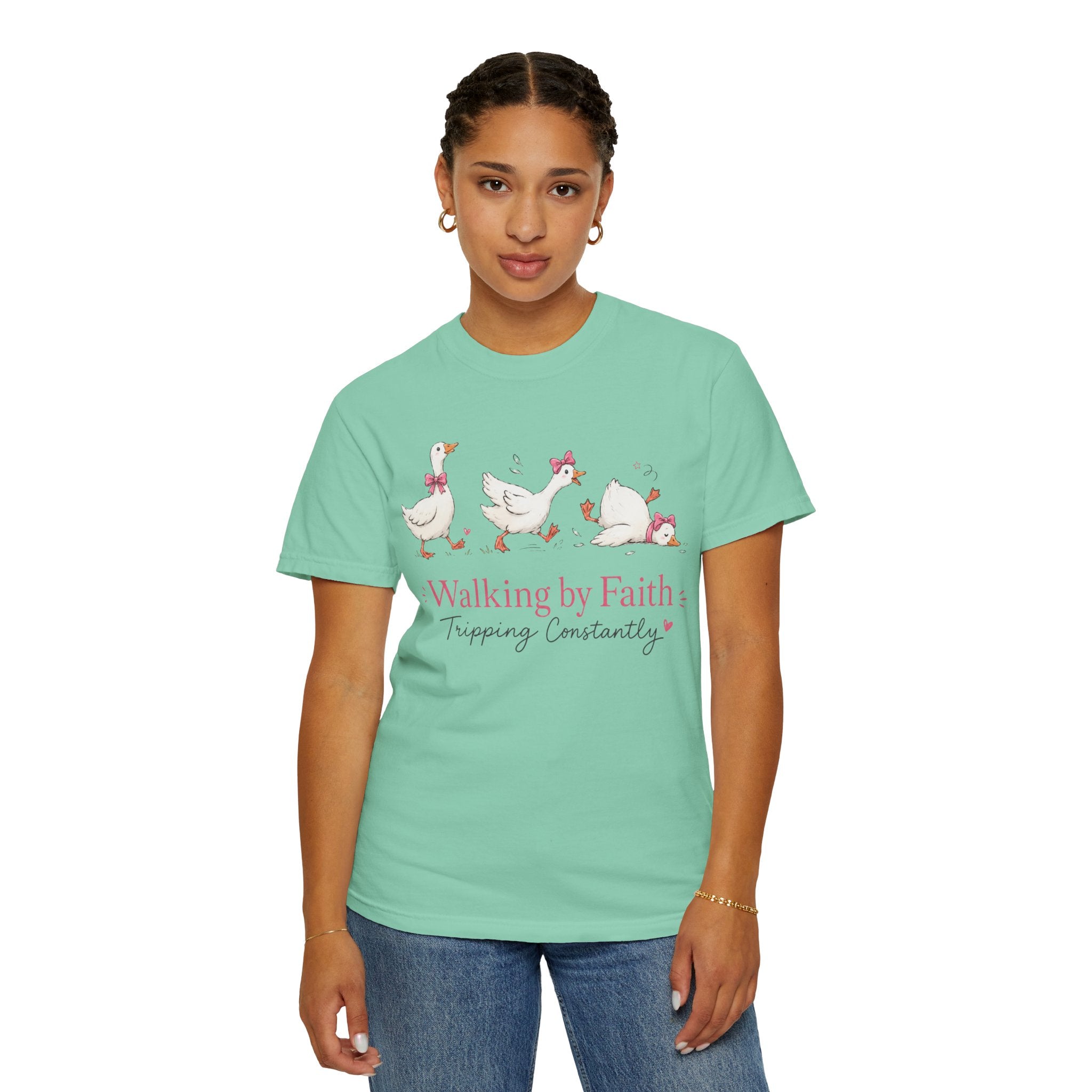 Walking by Faith Duck T‑Shirt — 'Walking by Faith, Tripping Constantly' Cute Christian Tee