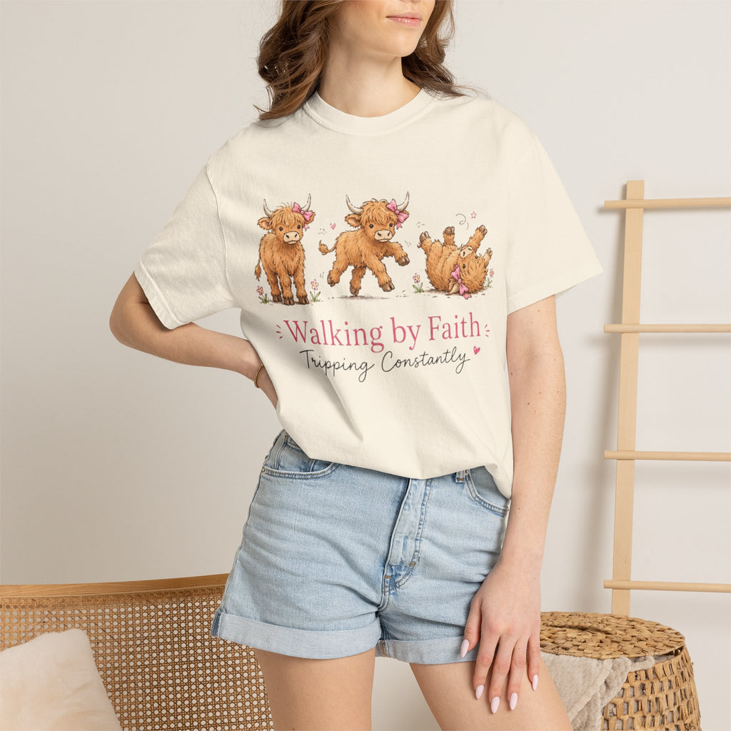 Walking by Faith T‑Shirt — Cute Highland Cow Trio "Walking by Faith, Tripping Constantly"