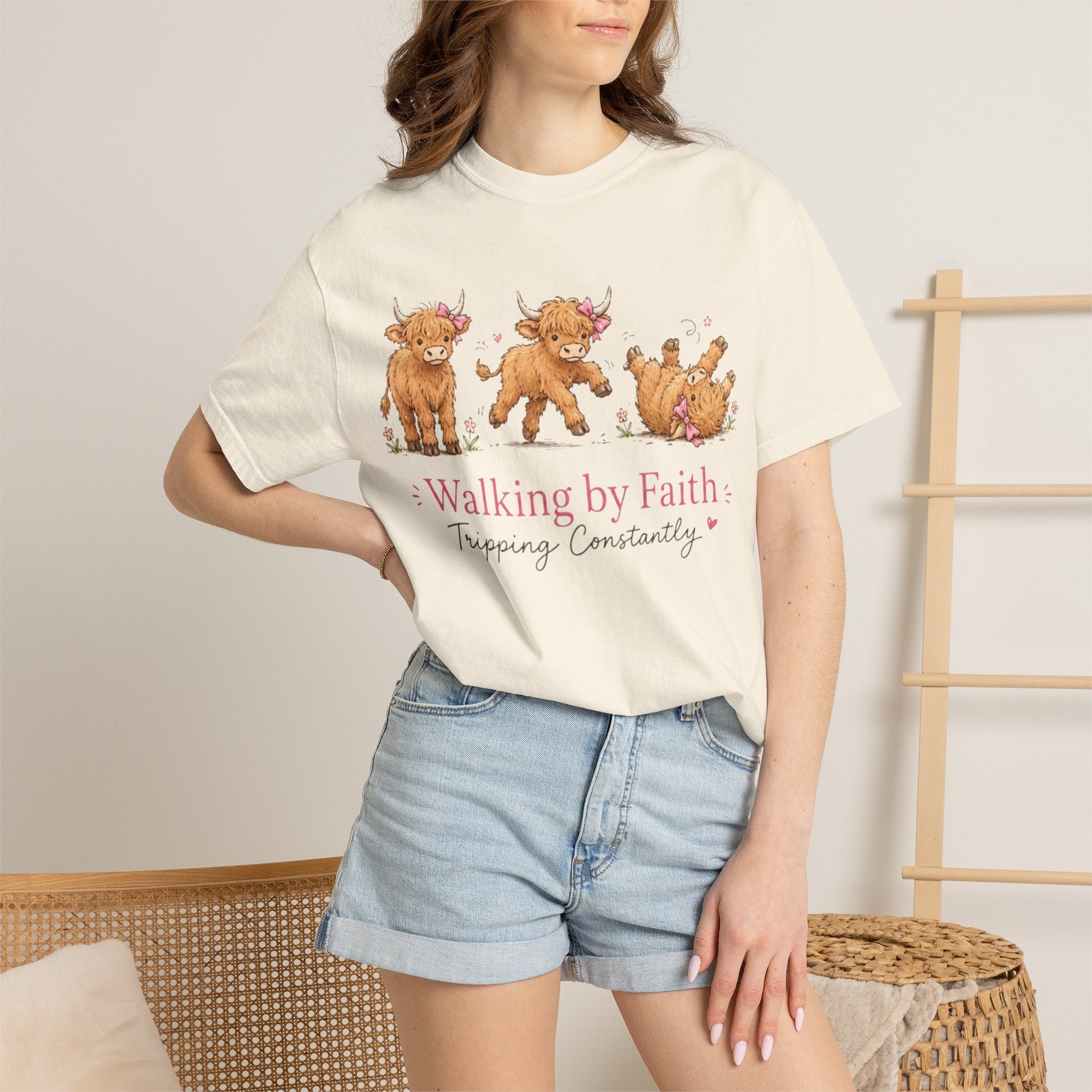 Walking by Faith T‑Shirt — Cute Highland Cow Trio "Walking by Faith, Tripping Constantly"