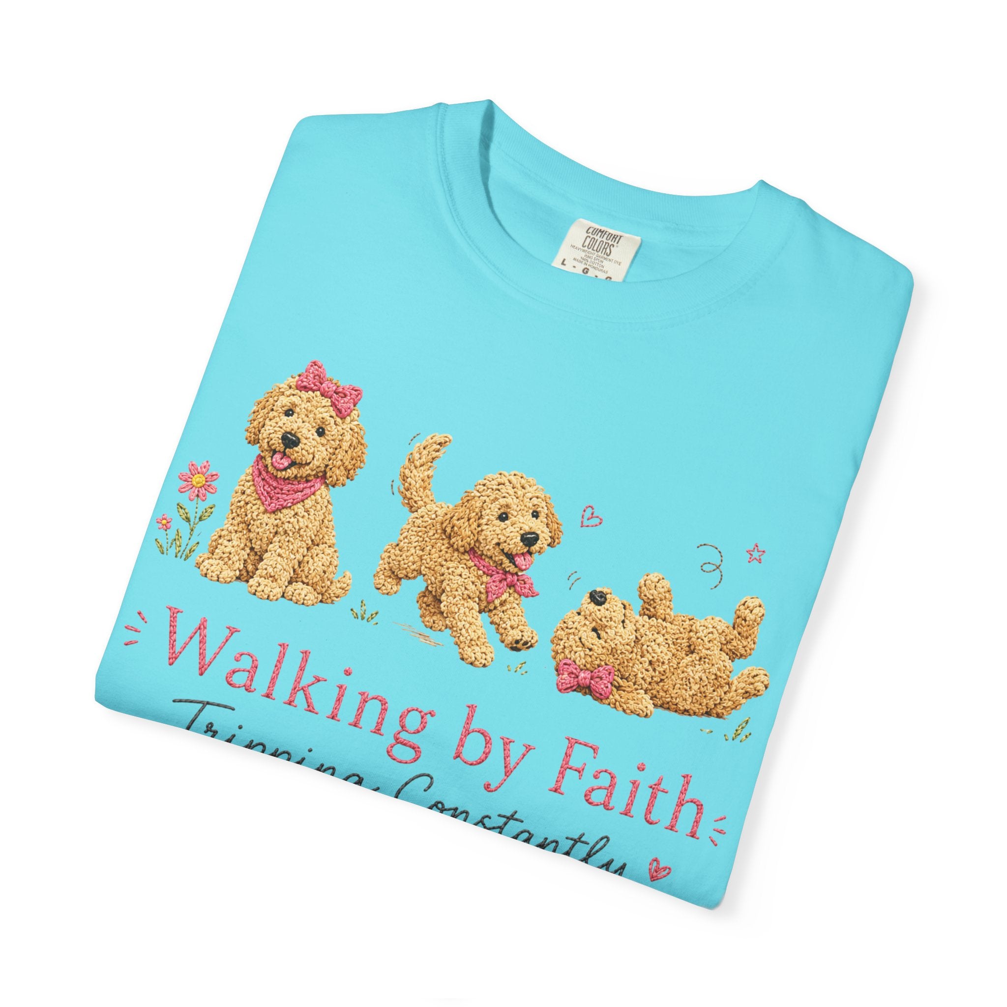 T-Shirt — 'Walking by Faith, Tripping Constantly' Cute Puppy Faith Tee
