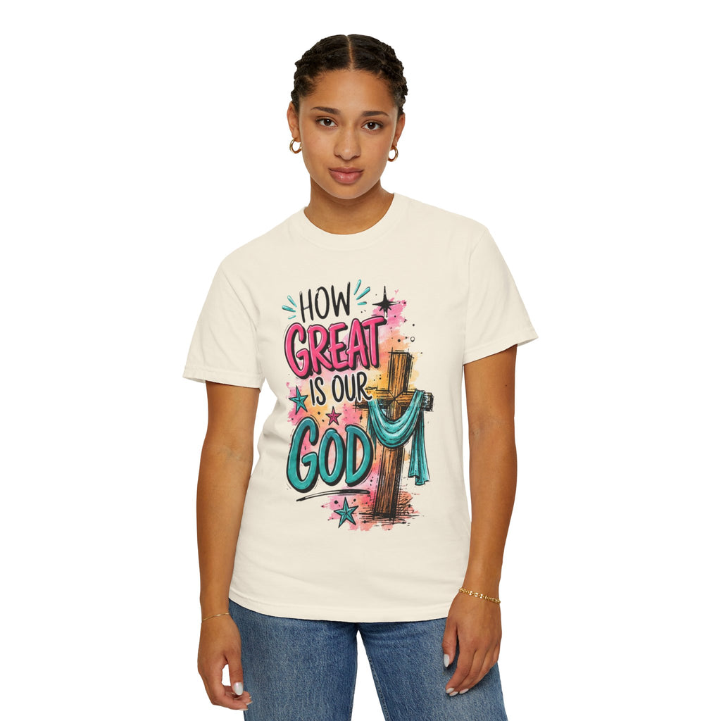 How Great Is Our God Christian T-Shirt — Cross Illustration & Inspirational Scripture Tee