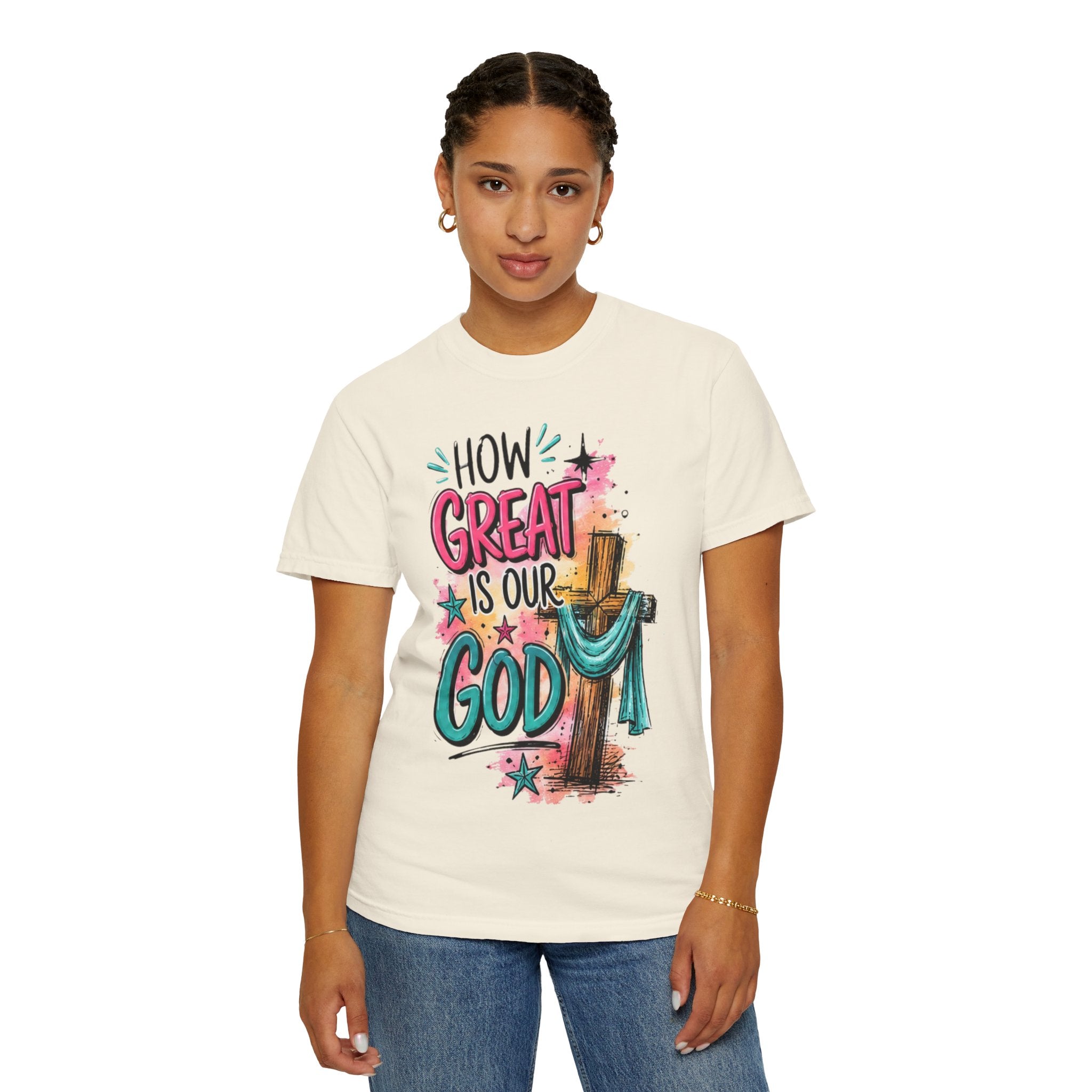 How Great Is Our God Christian T-Shirt — Cross Illustration & Inspirational Scripture Tee