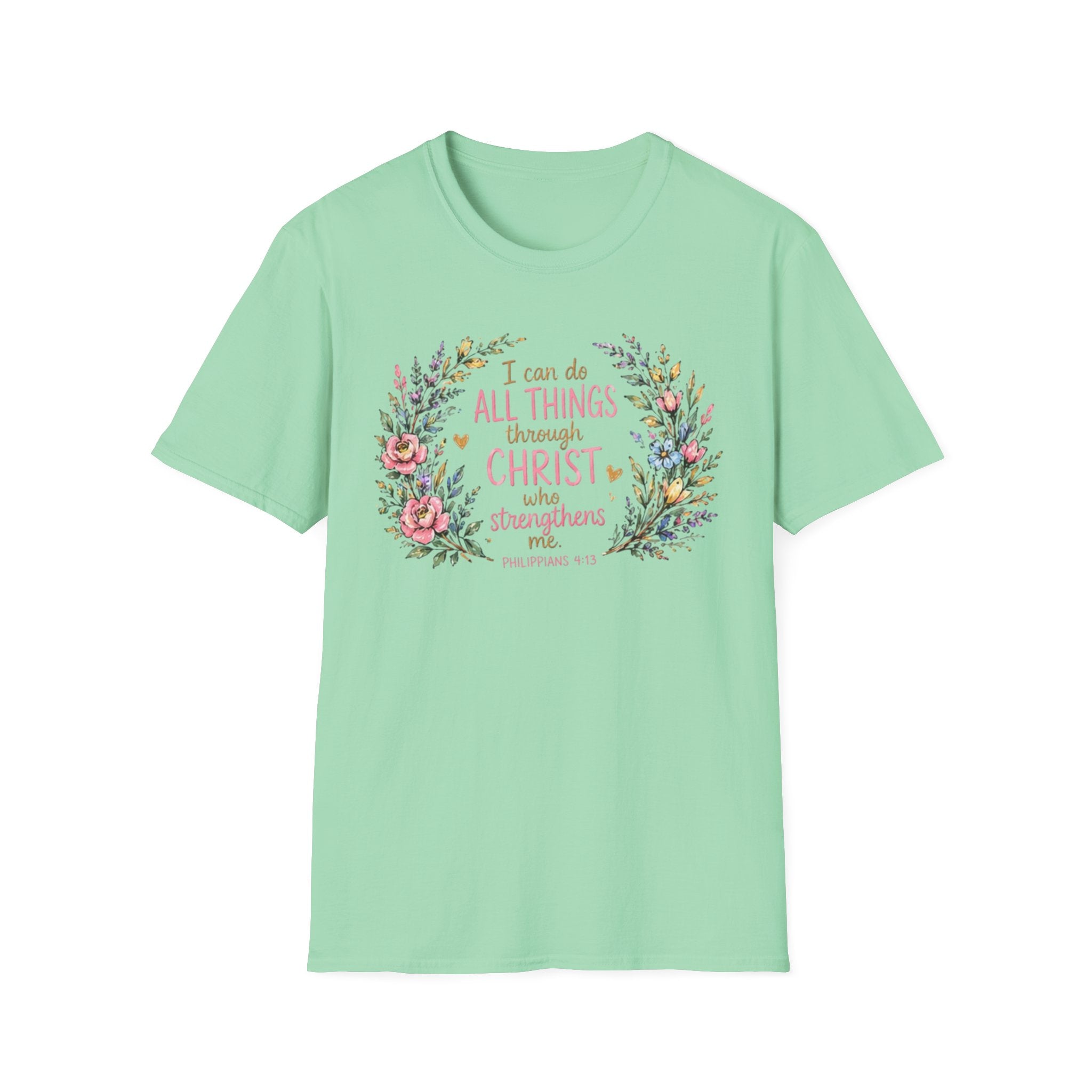Christian Floral T‑Shirt — "I Can Do All Things Through Christ" Inspirational Tee