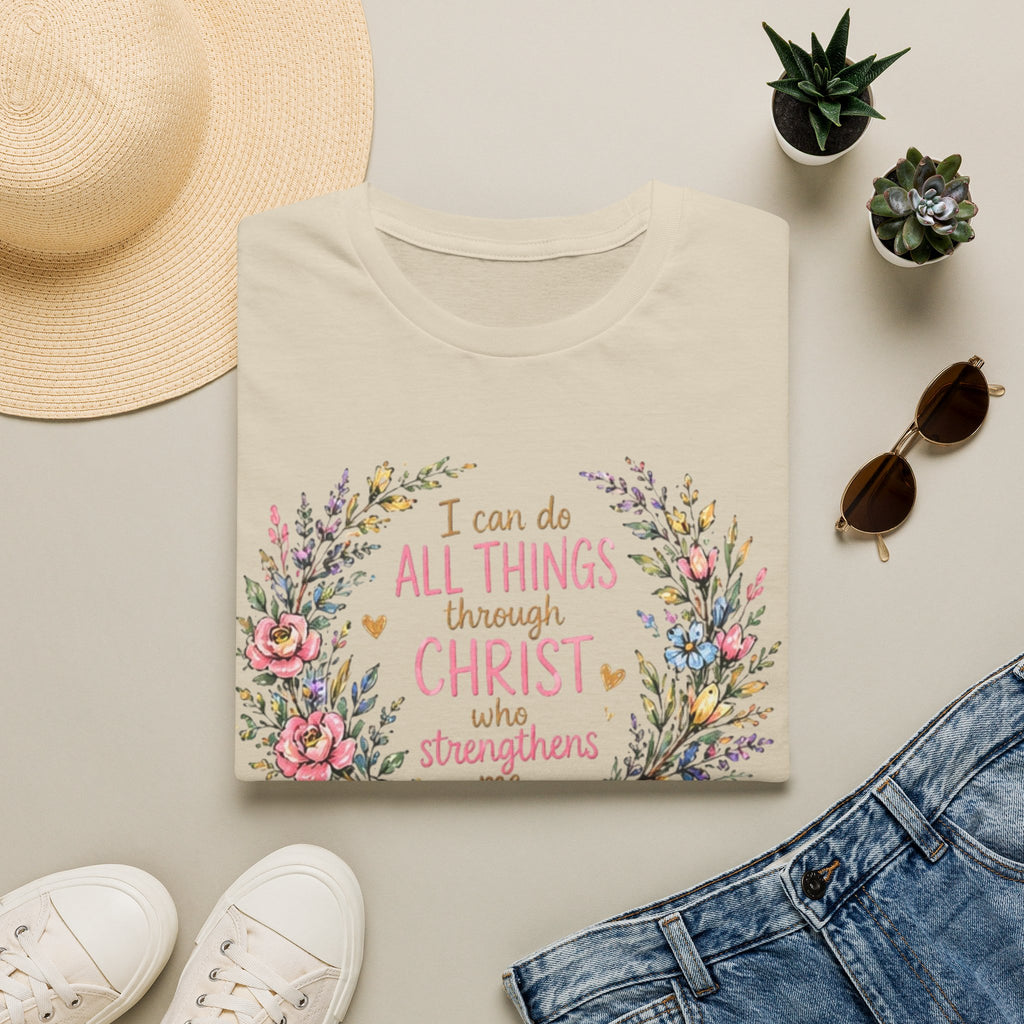 Christian Floral T‑Shirt — "I Can Do All Things Through Christ" Inspirational Tee
