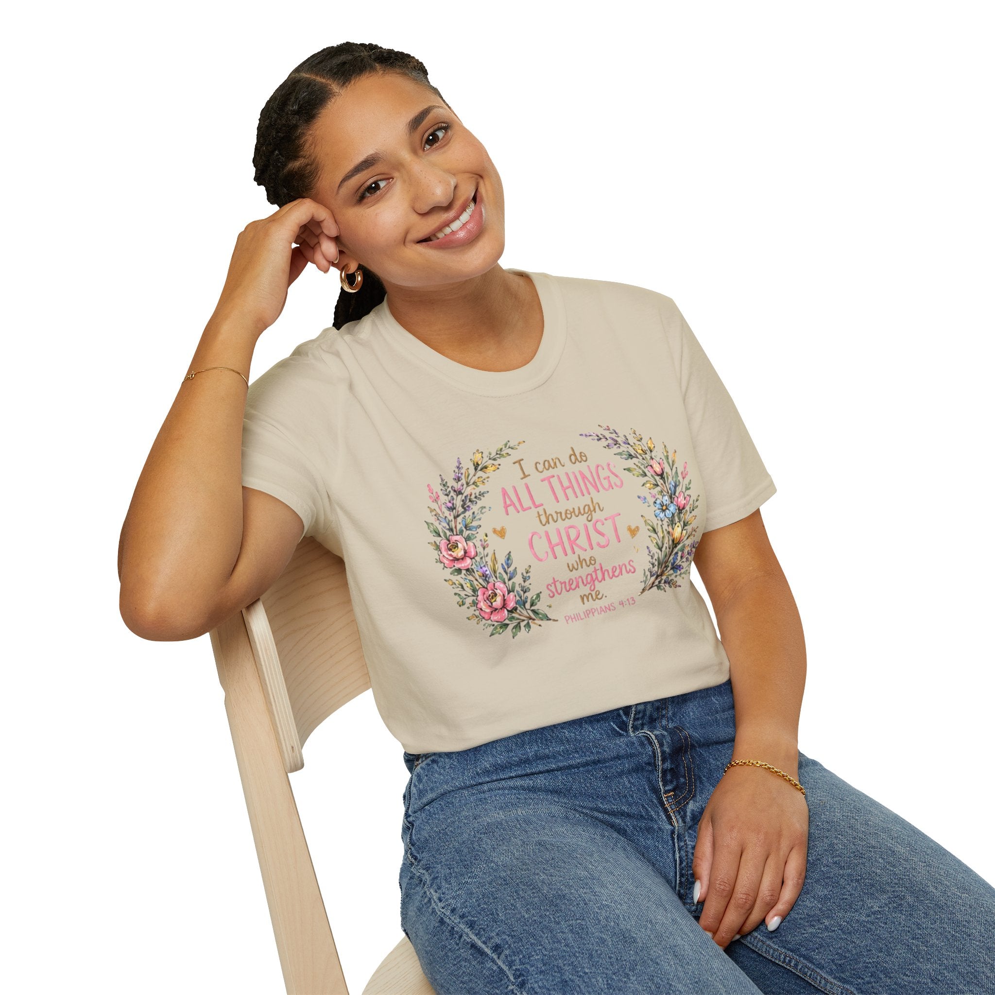 Christian Floral T‑Shirt — "I Can Do All Things Through Christ" Inspirational Tee