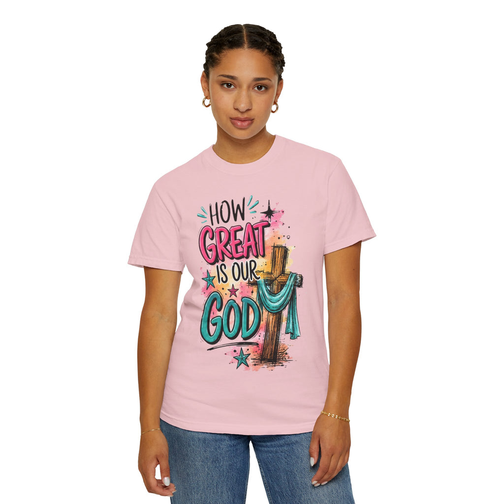 How Great Is Our God Christian T-Shirt — Cross Illustration & Inspirational Scripture Tee
