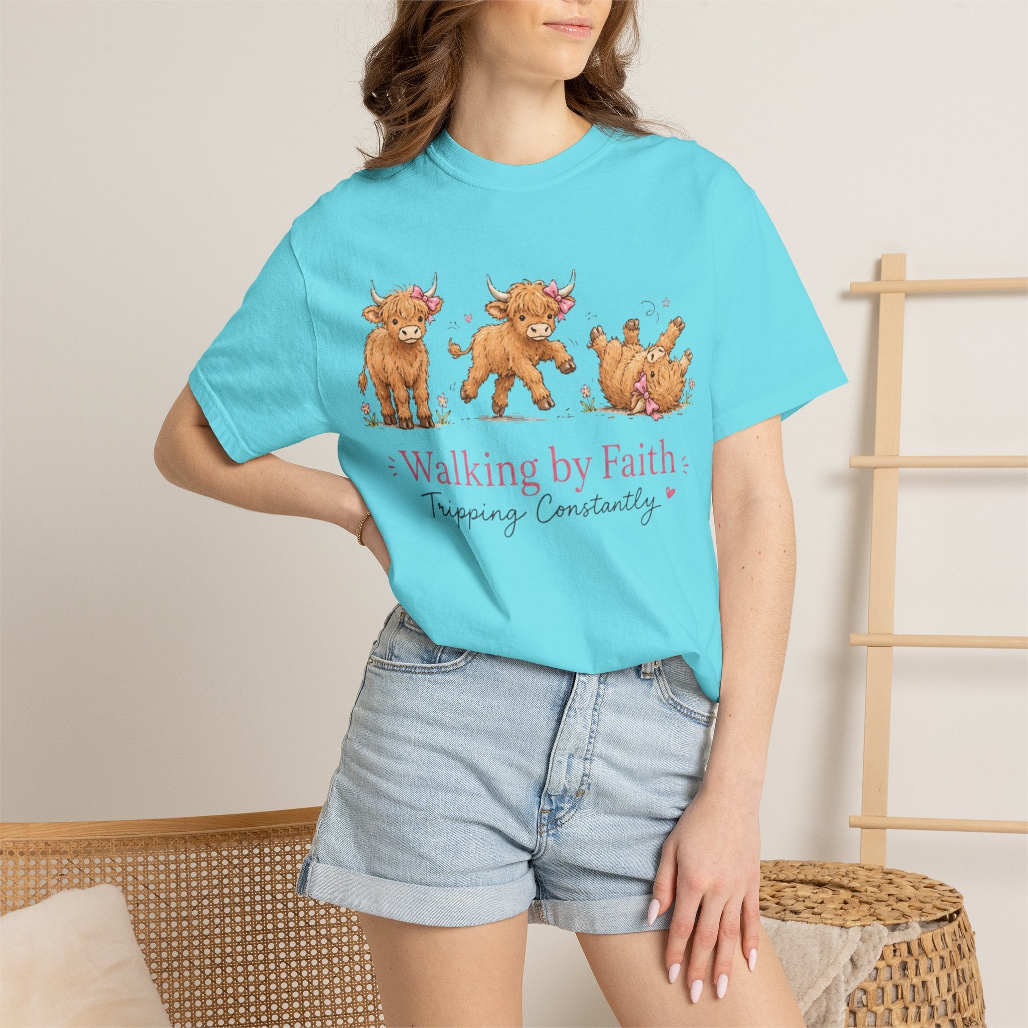 Walking by Faith T‑Shirt — Cute Highland Cow Trio "Walking by Faith, Tripping Constantly"
