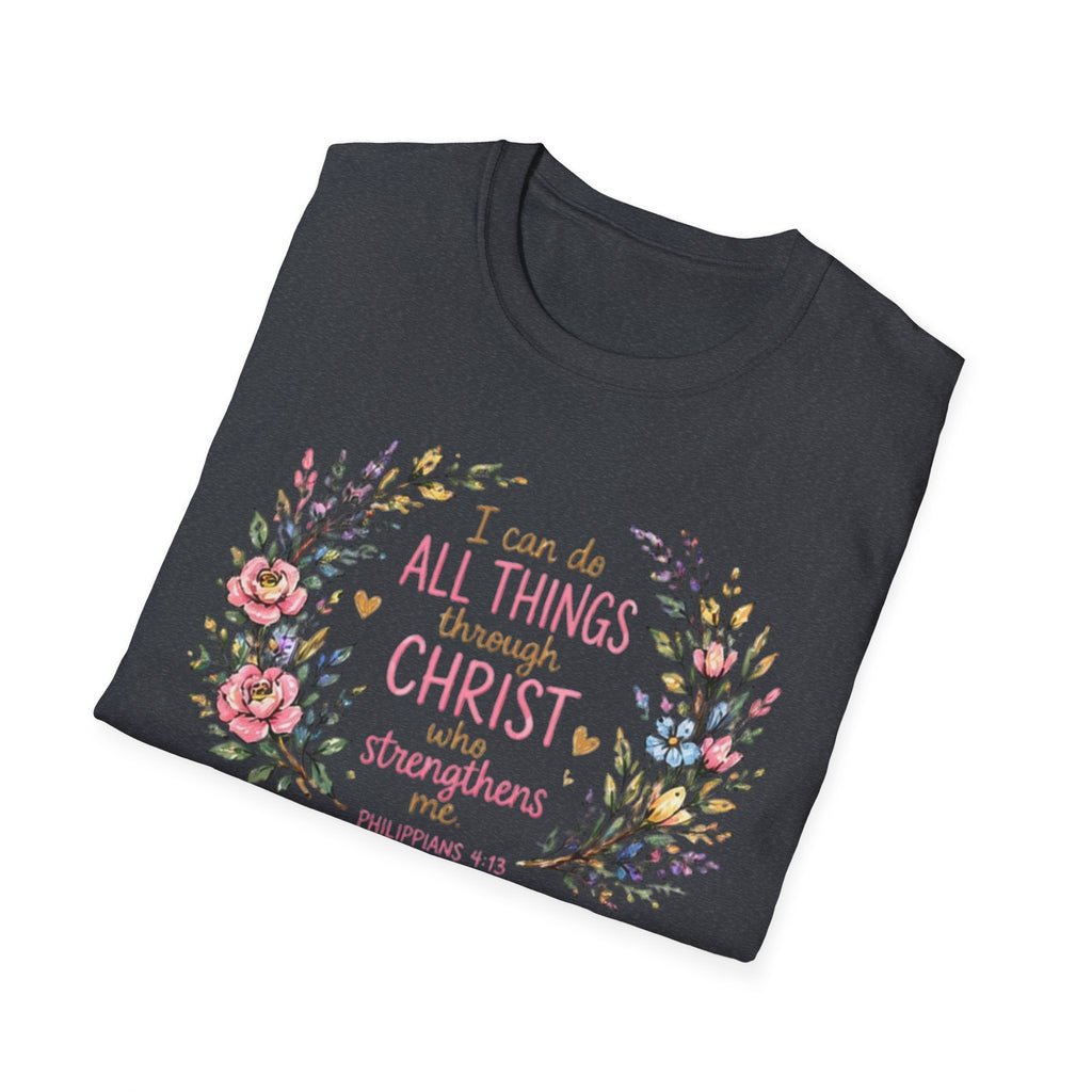 Christian Floral T‑Shirt — "I Can Do All Things Through Christ" Inspirational Tee