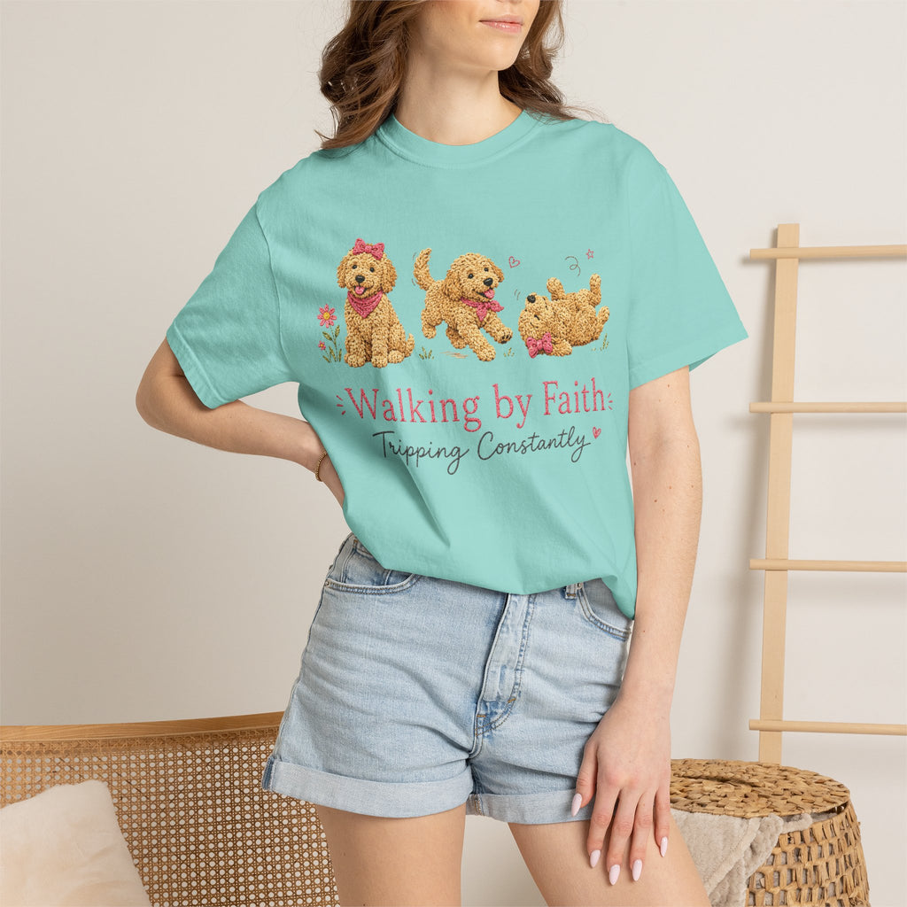 T-Shirt — 'Walking by Faith, Tripping Constantly' Cute Puppy Faith Tee