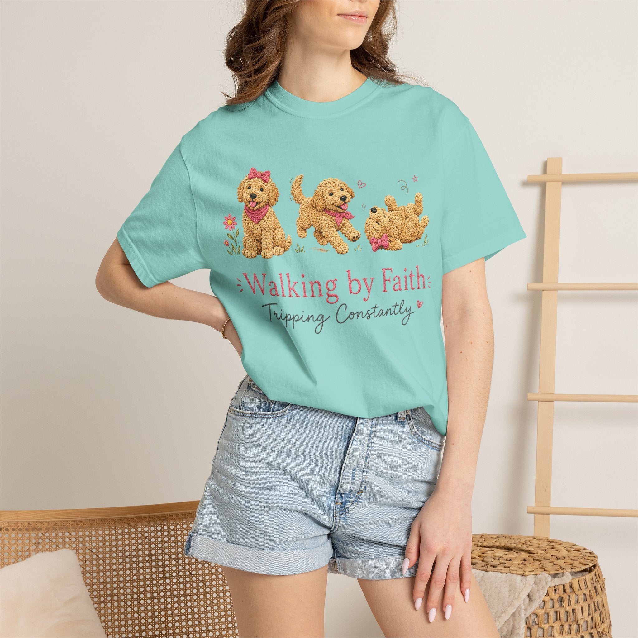 T-Shirt — 'Walking by Faith, Tripping Constantly' Cute Puppy Faith Tee