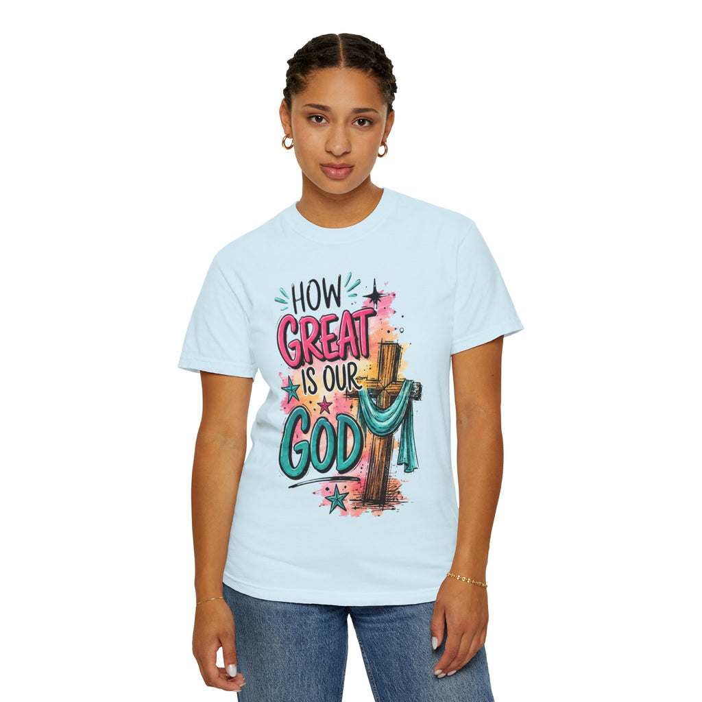 How Great Is Our God Christian T-Shirt — Cross Illustration & Inspirational Scripture Tee
