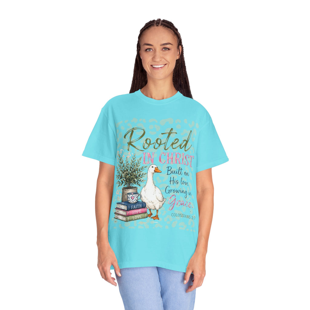 Rooted in Christ T-Shirt — Scripture Goose Faith Design (Colossians 2:7)
