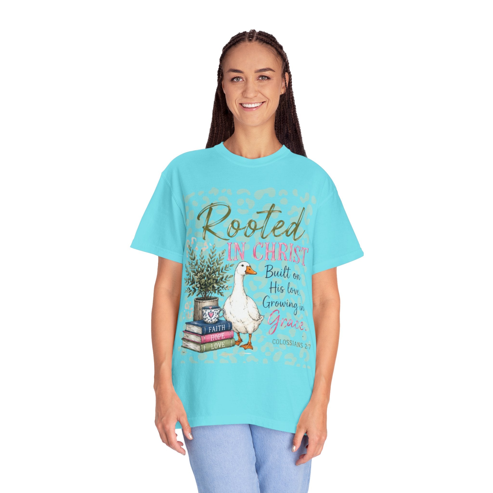 Rooted in Christ T-Shirt — Scripture Goose Faith Design (Colossians 2:7)