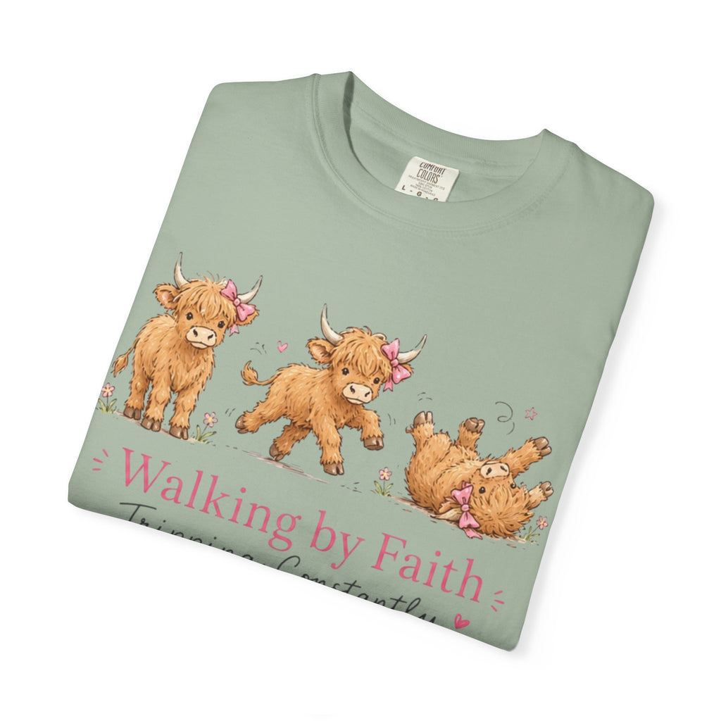 Walking by Faith T‑Shirt — Cute Highland Cow Trio "Walking by Faith, Tripping Constantly"