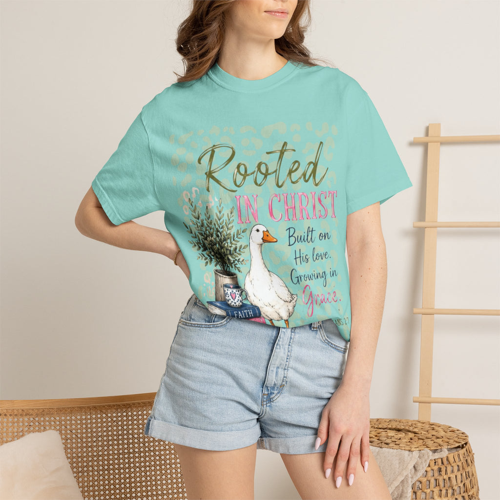 Rooted in Christ T-Shirt — Scripture Goose Faith Design (Colossians 2:7)