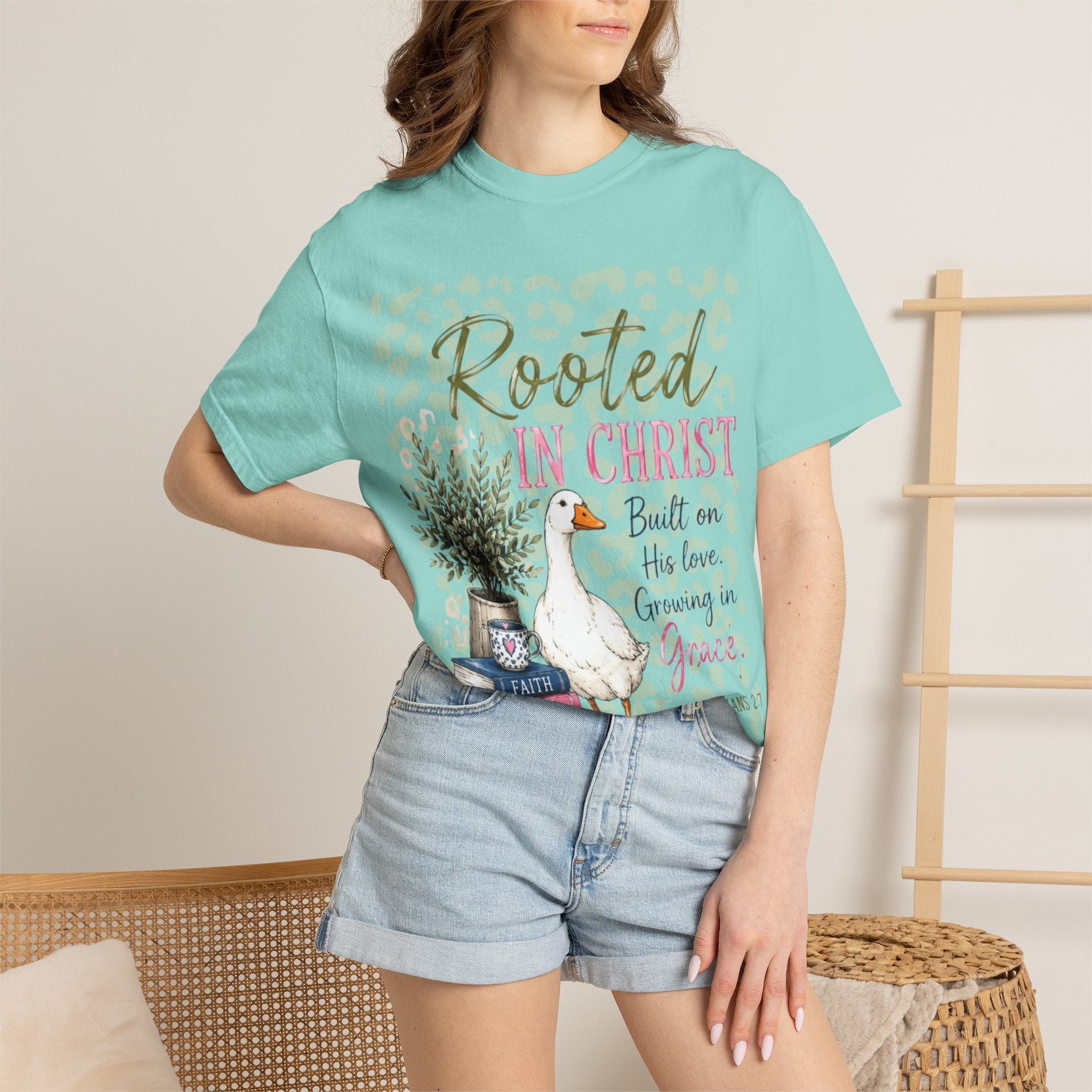 Rooted in Christ T-Shirt — Scripture Goose Faith Design (Colossians 2:7)
