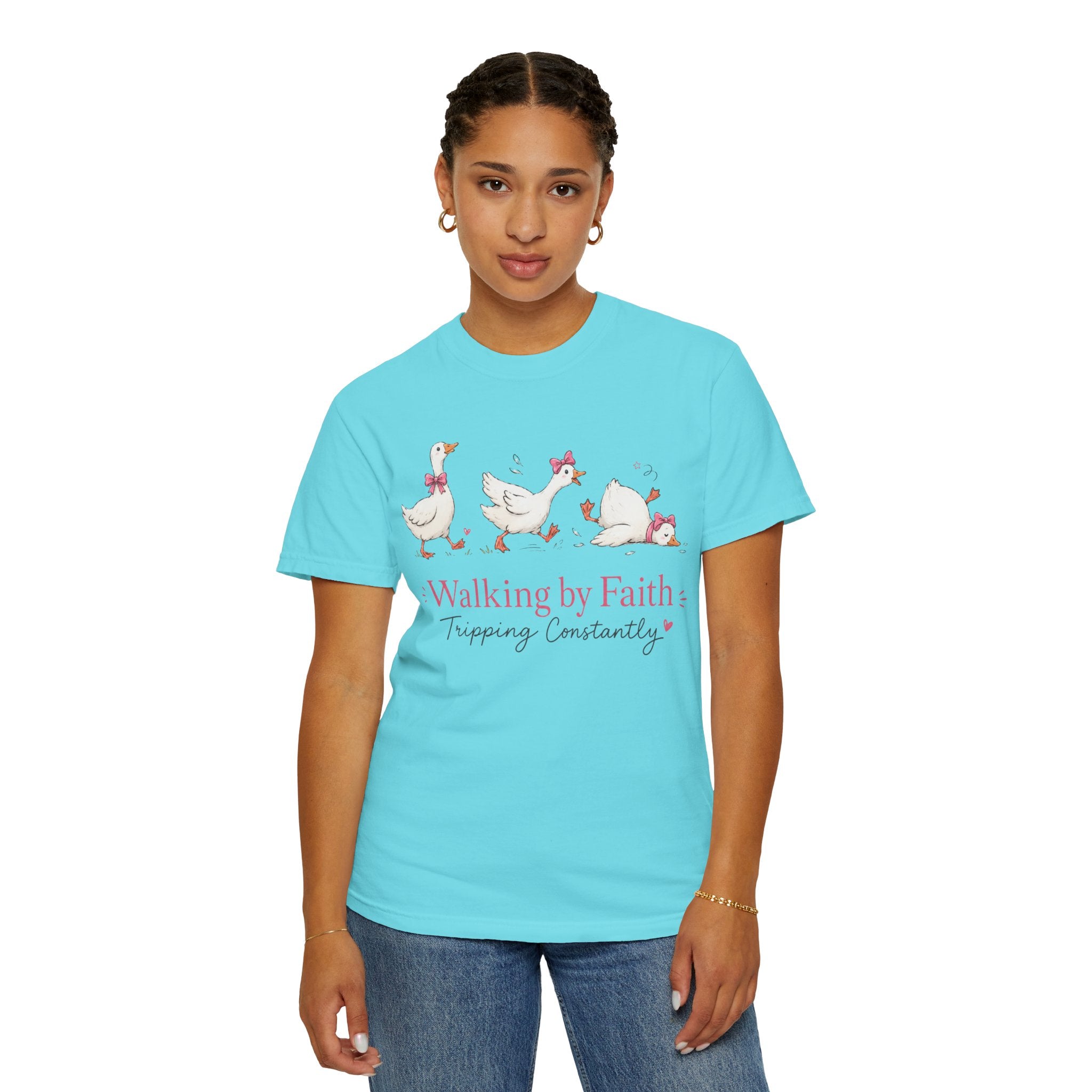 Walking by Faith Duck T‑Shirt — 'Walking by Faith, Tripping Constantly' Cute Christian Tee