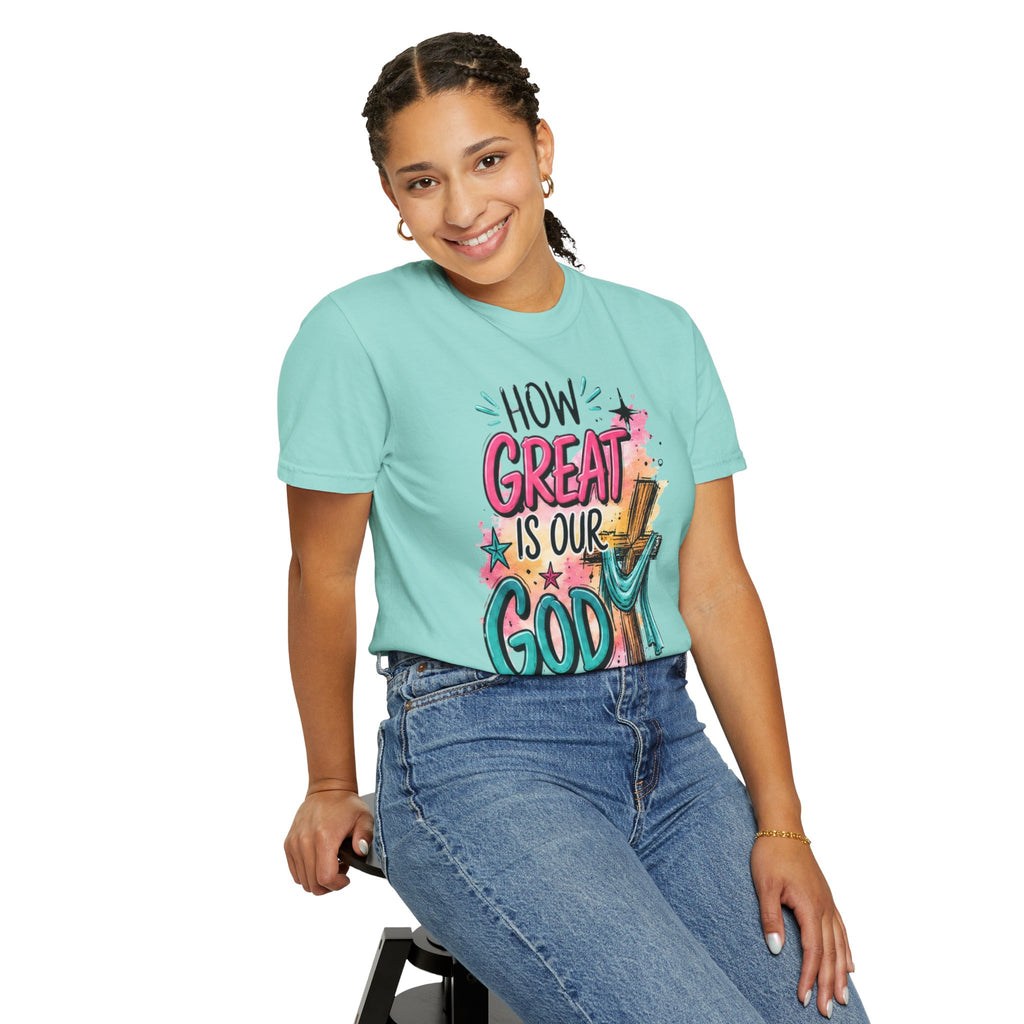 How Great Is Our God Christian T-Shirt — Cross Illustration & Inspirational Scripture Tee