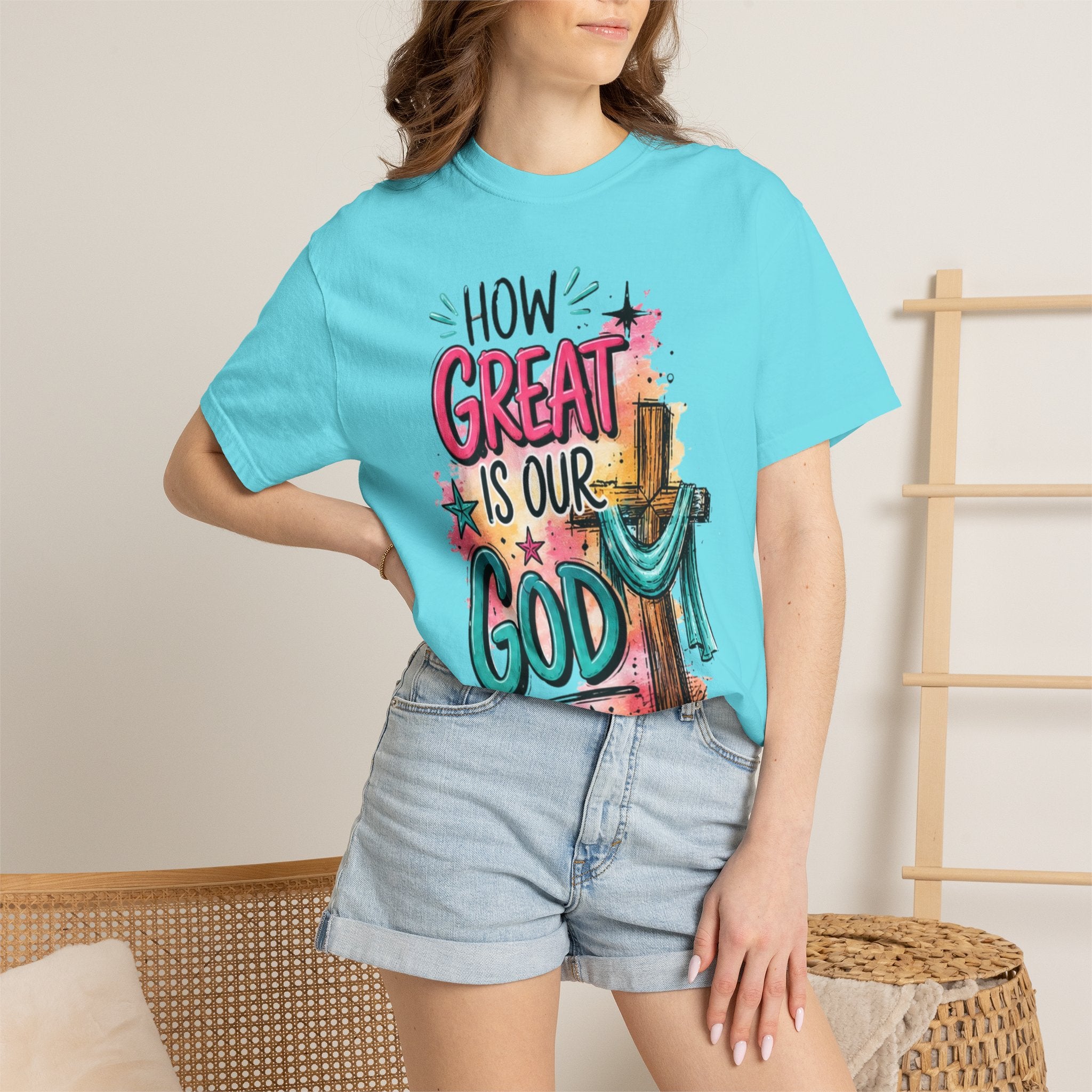 How Great Is Our God Christian T-Shirt — Cross Illustration & Inspirational Scripture Tee