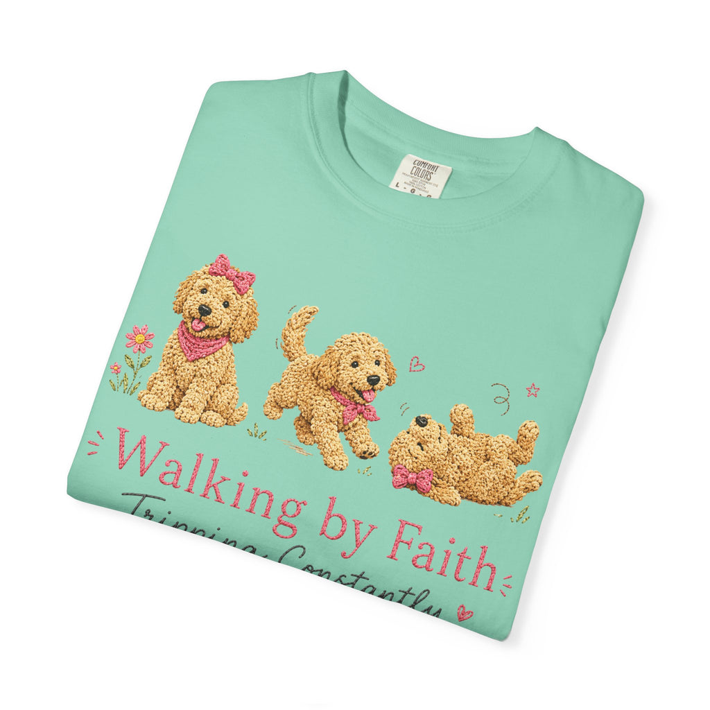 T-Shirt — 'Walking by Faith, Tripping Constantly' Cute Puppy Faith Tee