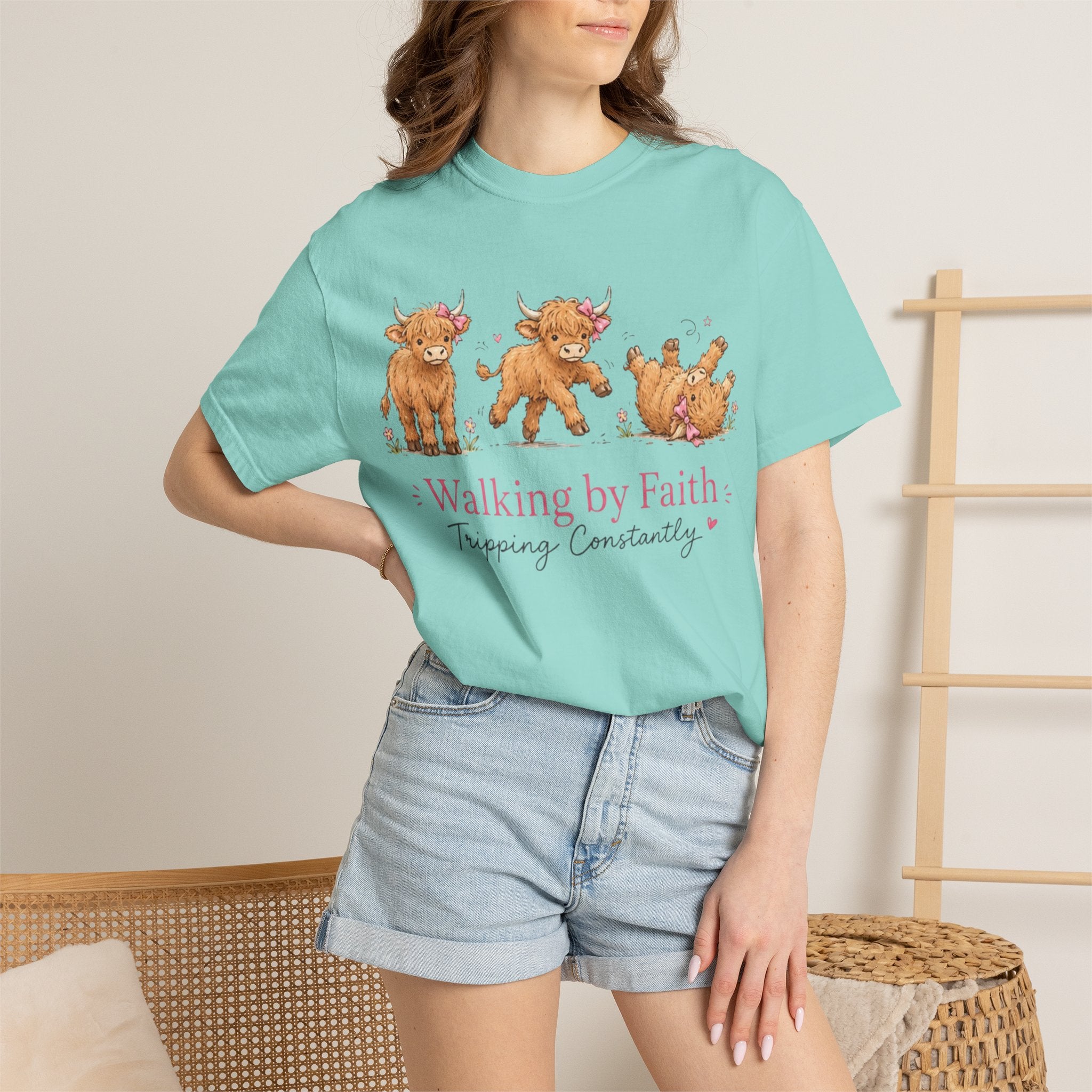 Walking by Faith T‑Shirt — Cute Highland Cow Trio "Walking by Faith, Tripping Constantly"