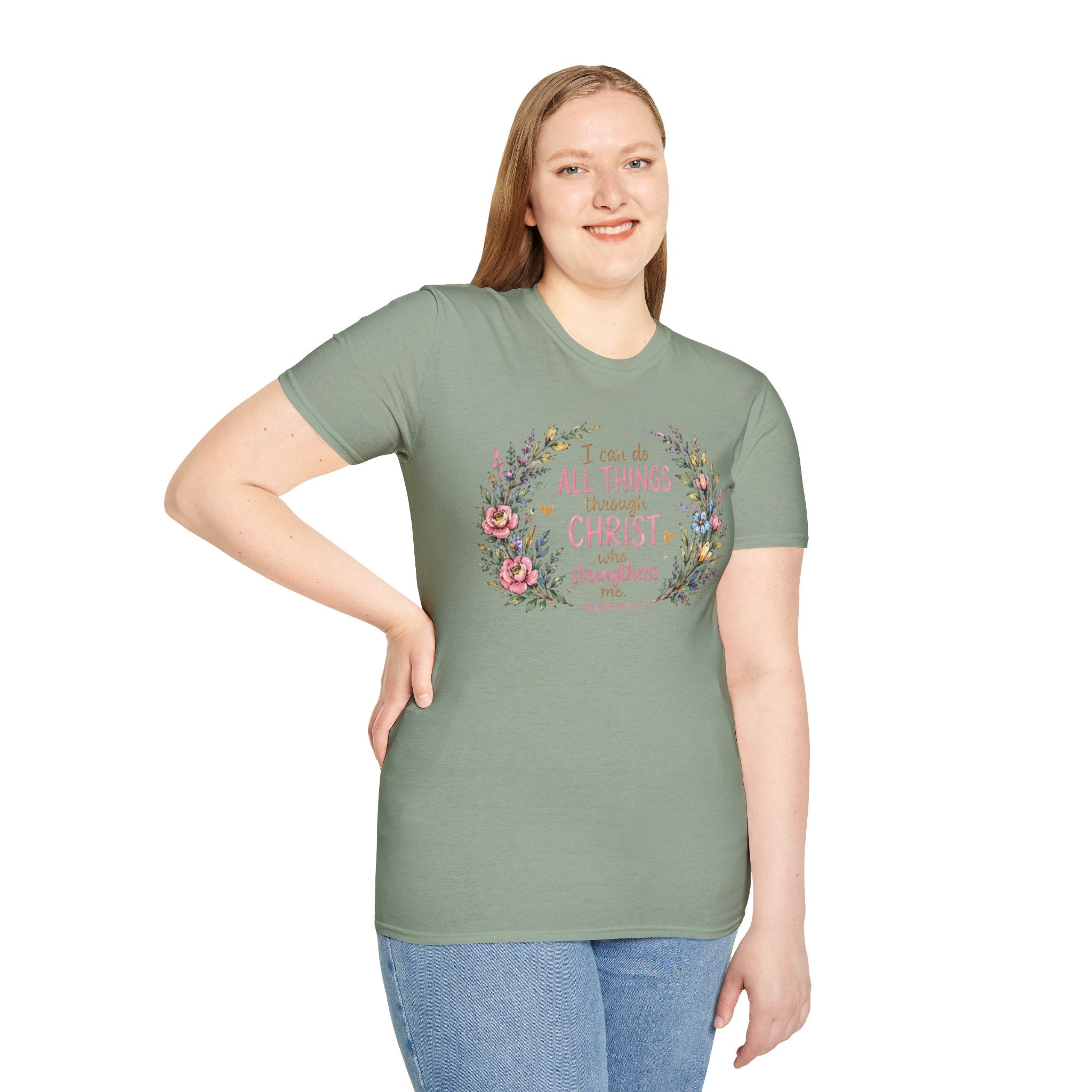 Christian Floral T‑Shirt — "I Can Do All Things Through Christ" Inspirational Tee