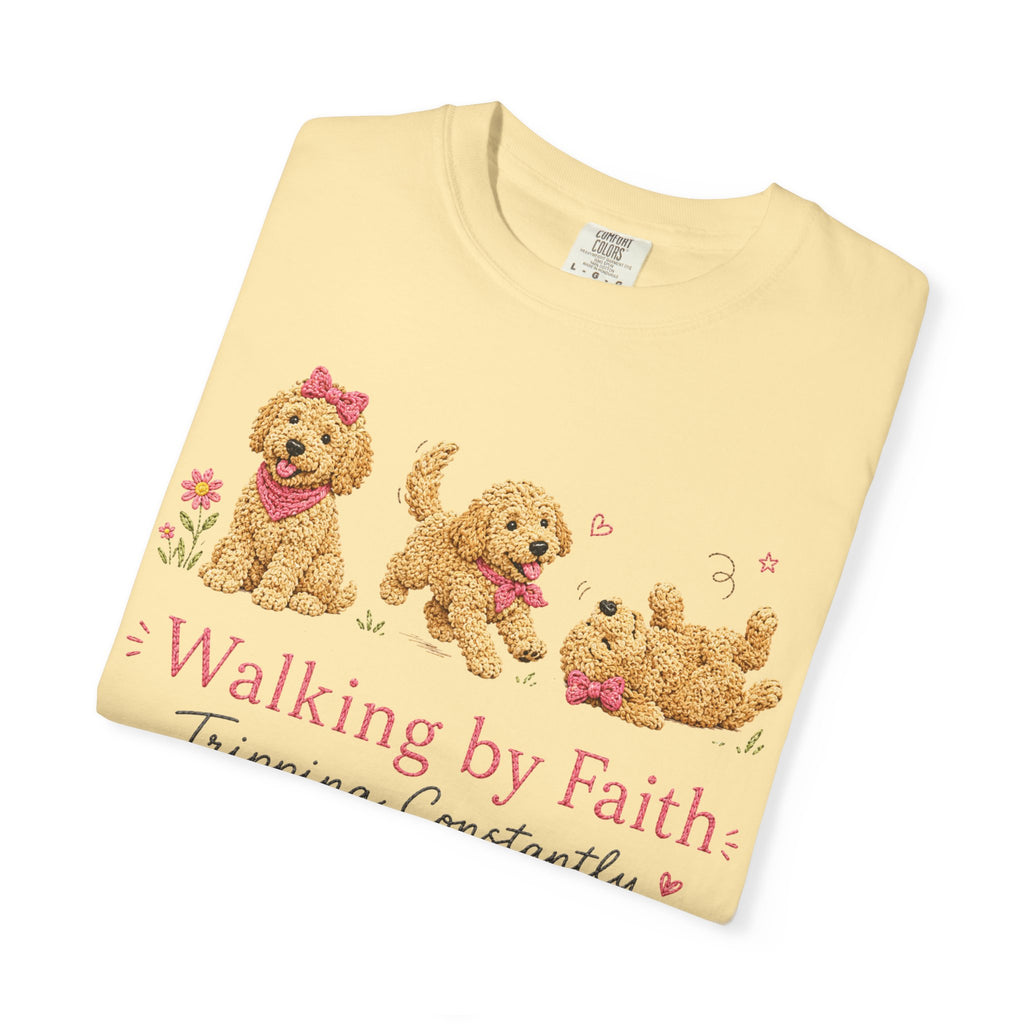 T-Shirt — 'Walking by Faith, Tripping Constantly' Cute Puppy Faith Tee