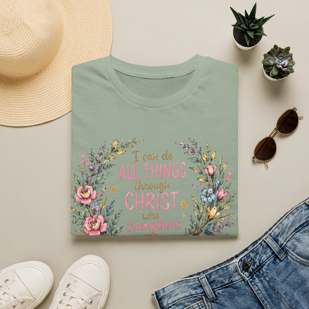 Christian Floral T‑Shirt — "I Can Do All Things Through Christ" Inspirational Tee