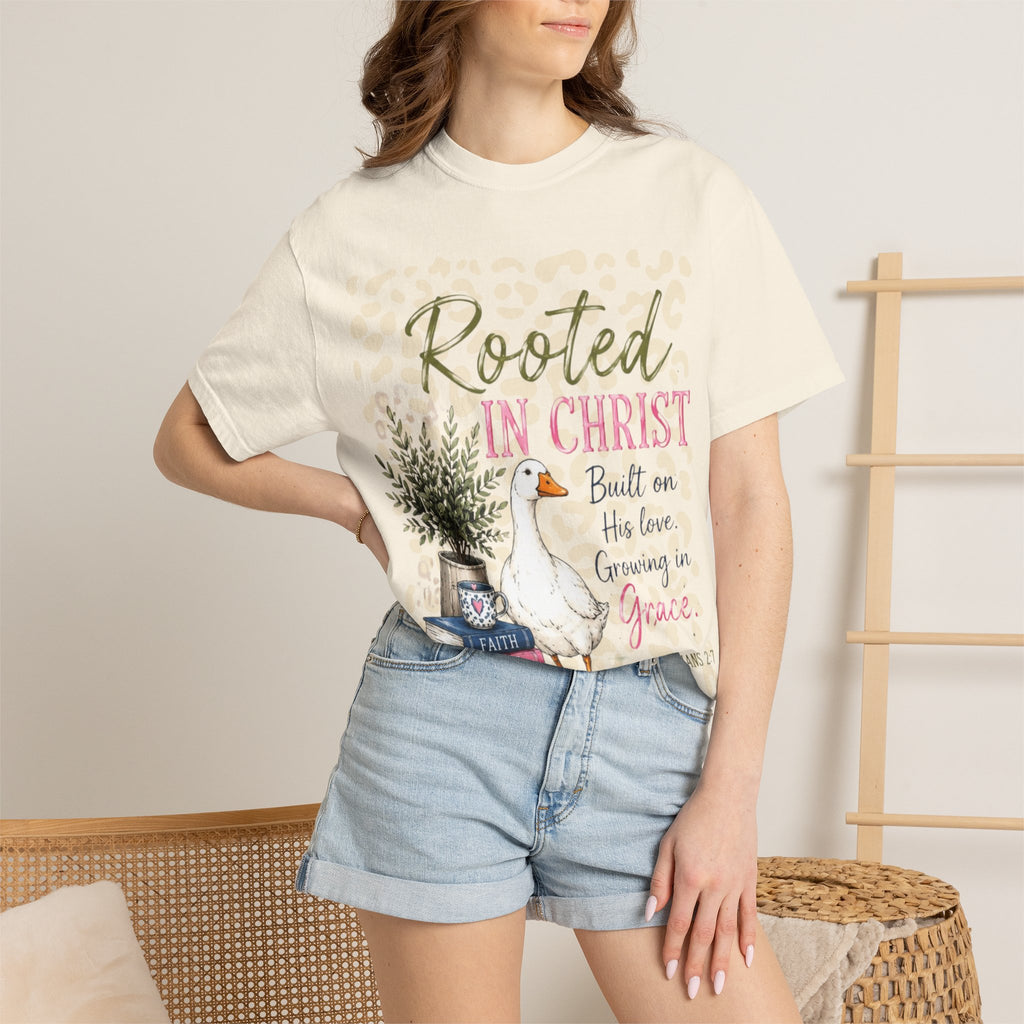 Rooted in Christ T-Shirt — Scripture Goose Faith Design (Colossians 2:7)