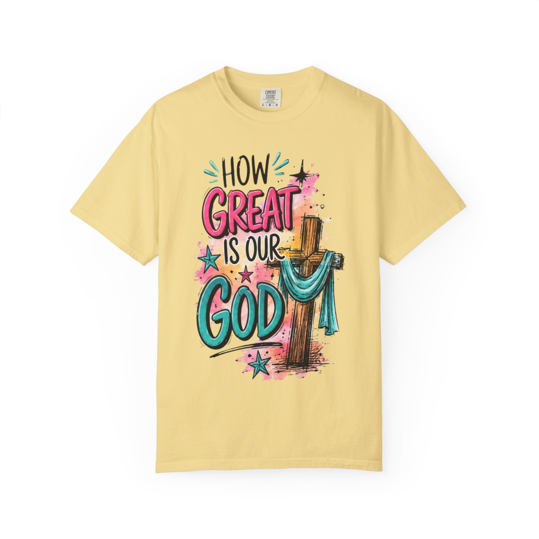 How Great Is Our God Christian T-Shirt — Cross Illustration & Inspirational Scripture Tee