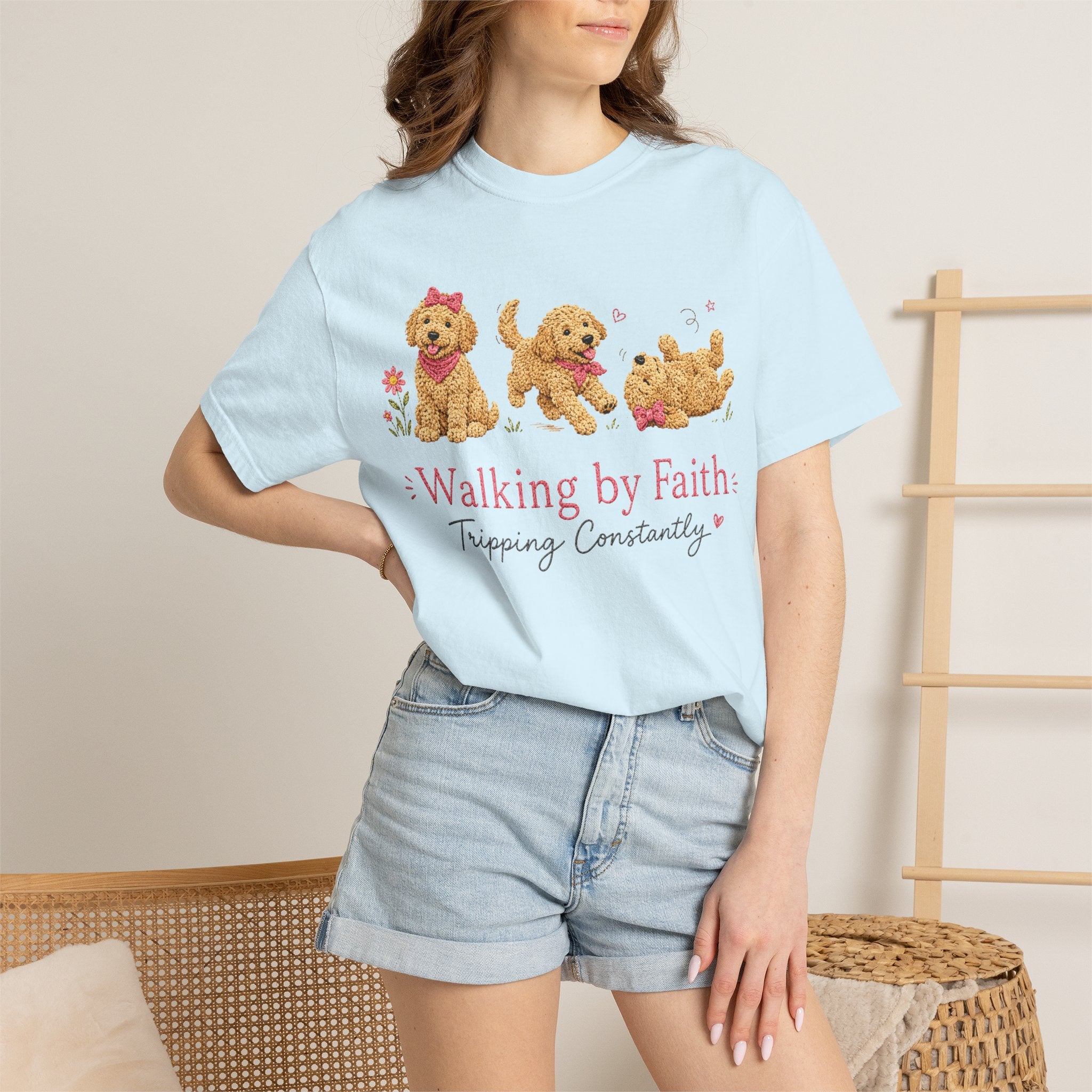 T-Shirt — 'Walking by Faith, Tripping Constantly' Cute Puppy Faith Tee