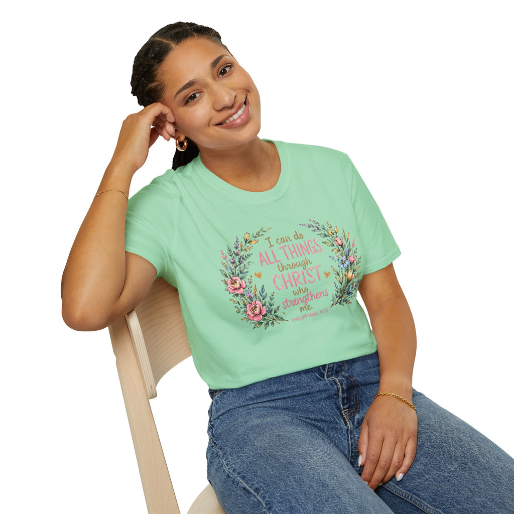 Christian Floral T‑Shirt — "I Can Do All Things Through Christ" Inspirational Tee