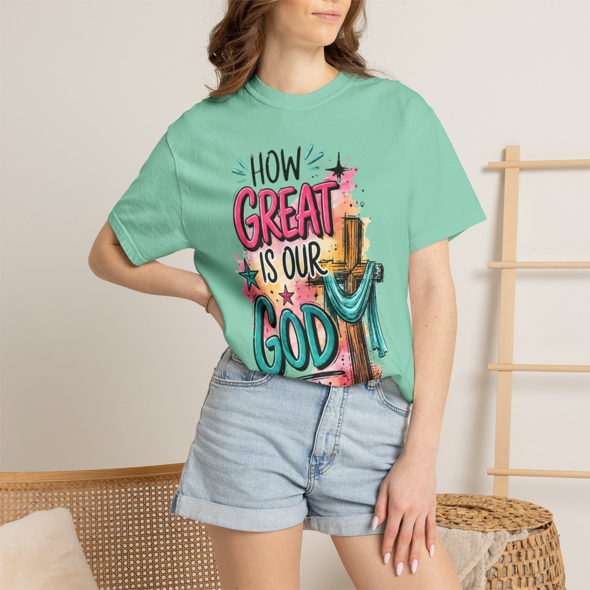 How Great Is Our God Christian T-Shirt — Cross Illustration & Inspirational Scripture Tee