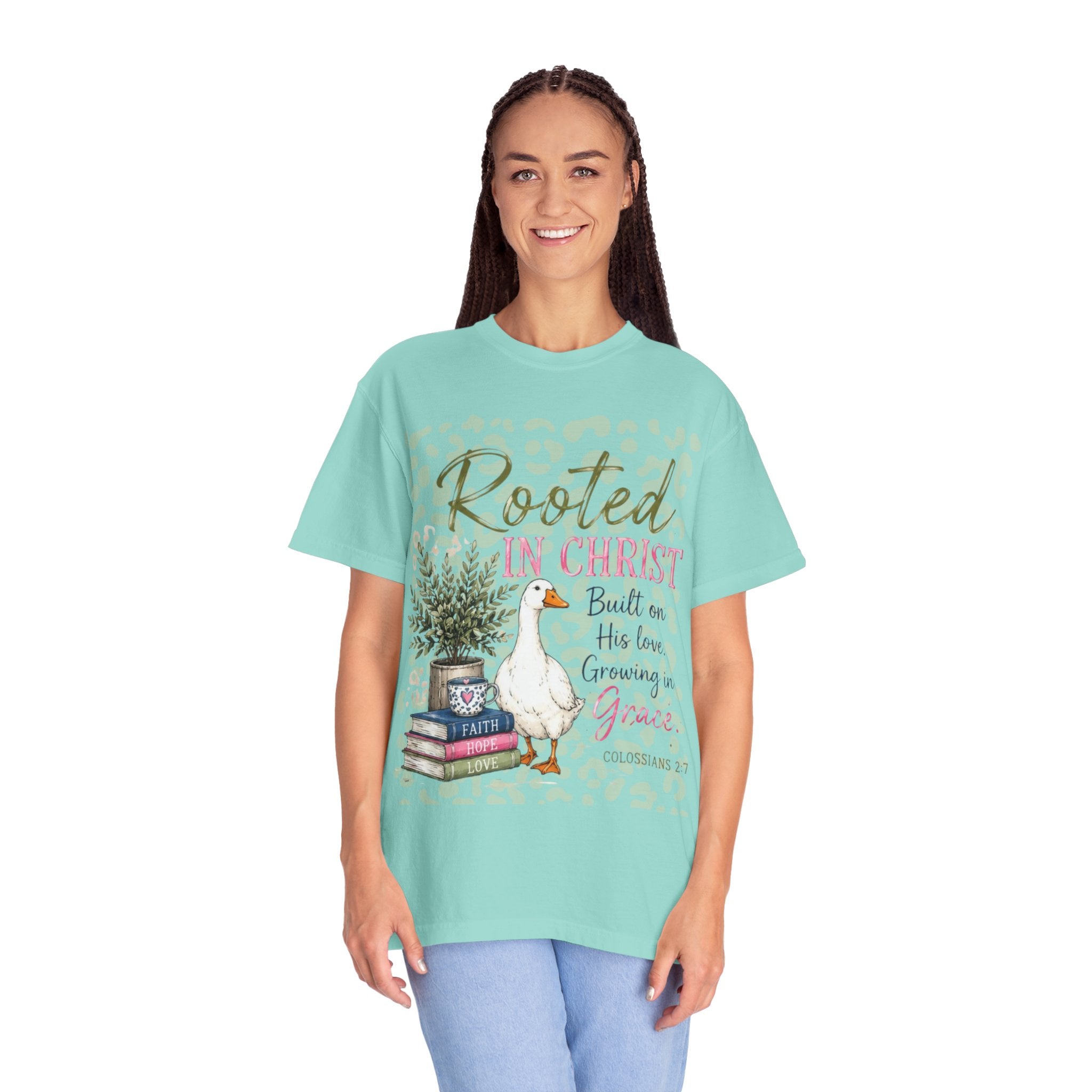 Rooted in Christ T-Shirt — Scripture Goose Faith Design (Colossians 2:7)