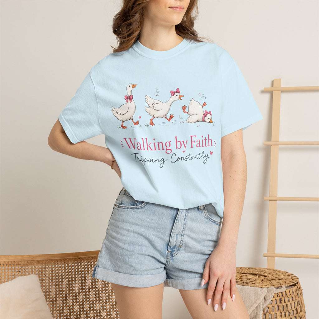 Walking by Faith Duck T‑Shirt — 'Walking by Faith, Tripping Constantly' Cute Christian Tee
