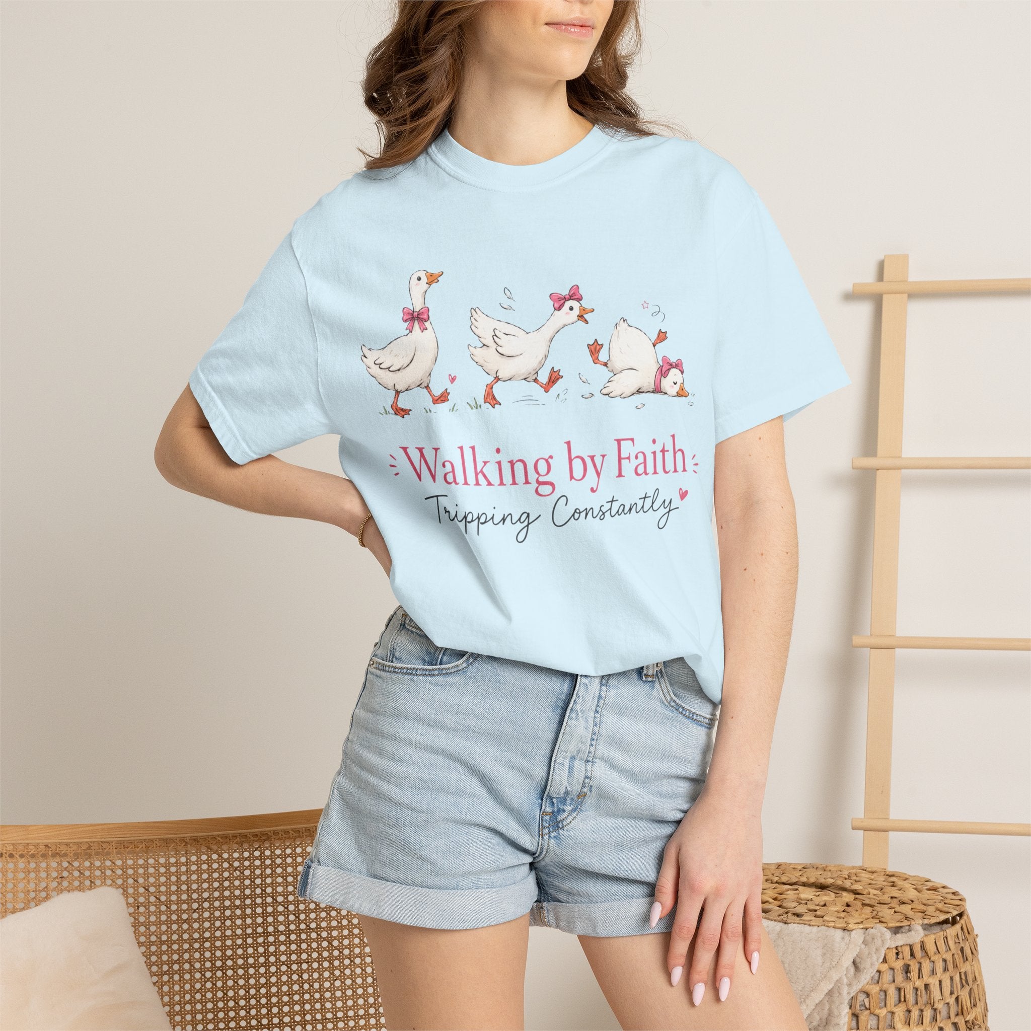 Walking by Faith Duck T‑Shirt — 'Walking by Faith, Tripping Constantly' Cute Christian Tee