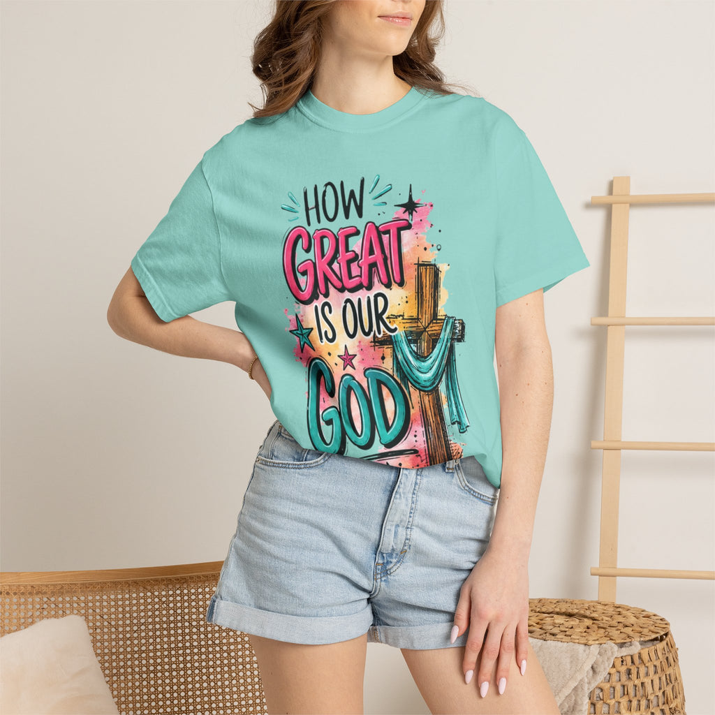 How Great Is Our God Christian T-Shirt — Cross Illustration & Inspirational Scripture Tee
