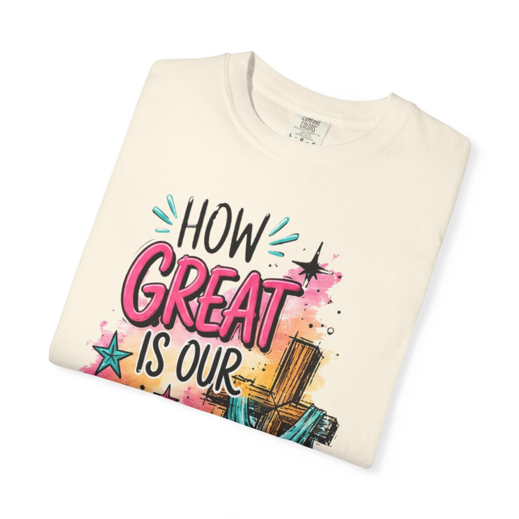 How Great Is Our God Christian T-Shirt — Cross Illustration & Inspirational Scripture Tee