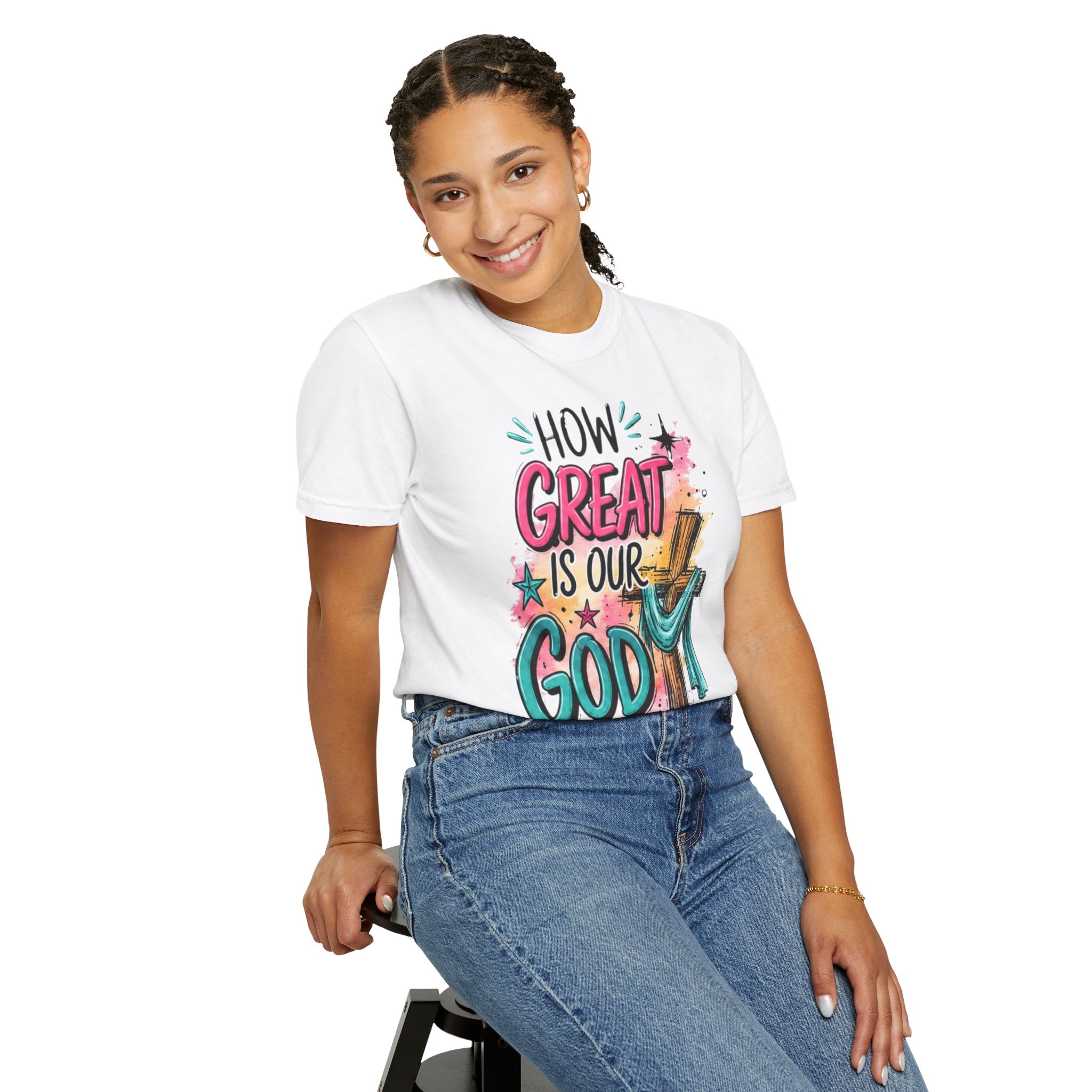 How Great Is Our God Christian T-Shirt — Cross Illustration & Inspirational Scripture Tee