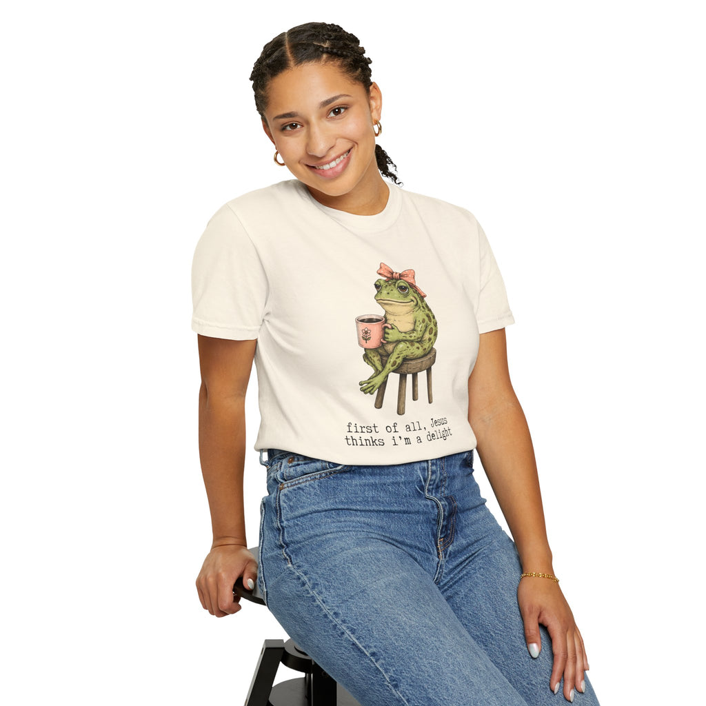 T-Shirt — "First of all, Jesus thinks I'm a delight" Frog Graphic