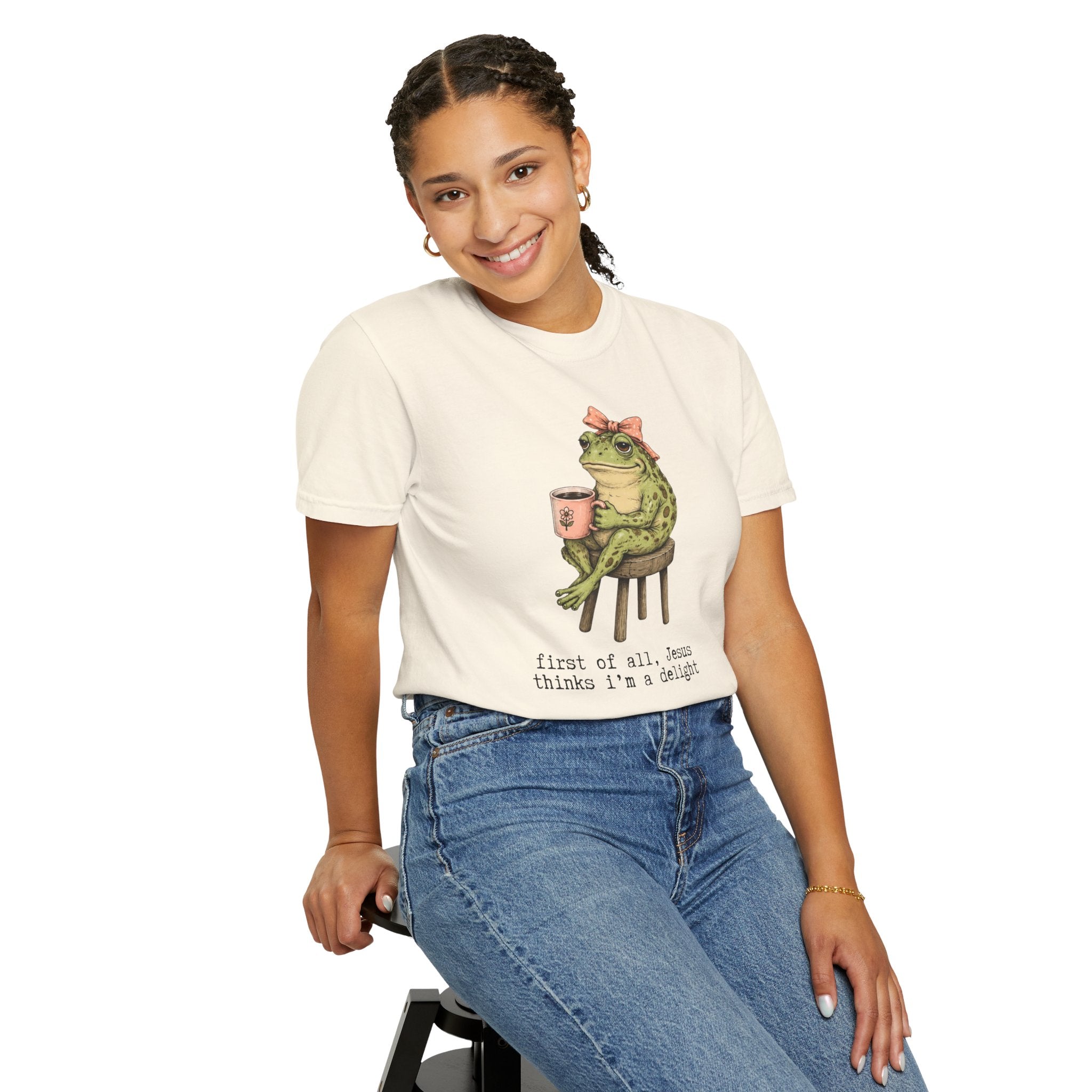 T-Shirt — "First of all, Jesus thinks I'm a delight" Frog Graphic