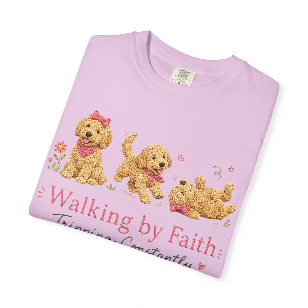 T-Shirt — 'Walking by Faith, Tripping Constantly' Cute Puppy Faith Tee
