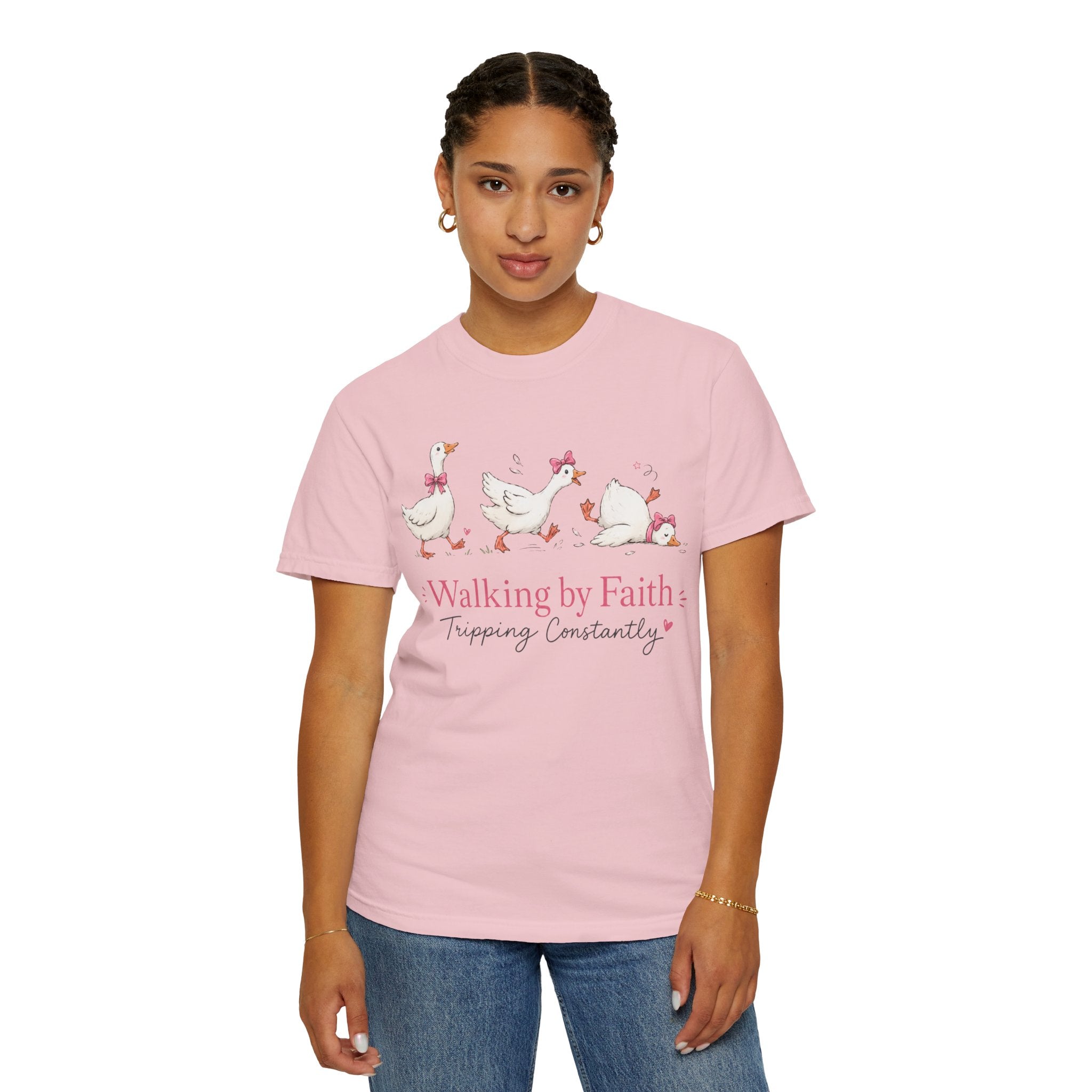 Walking by Faith Duck T‑Shirt — 'Walking by Faith, Tripping Constantly' Cute Christian Tee