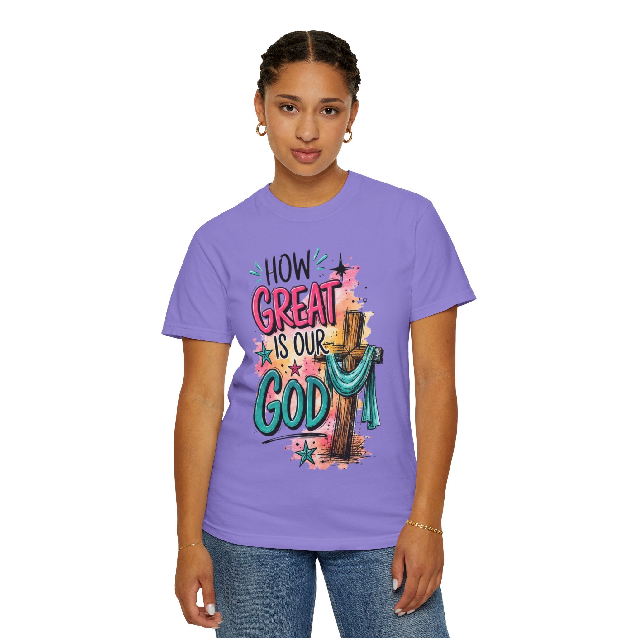 How Great Is Our God Christian T-Shirt — Cross Illustration & Inspirational Scripture Tee