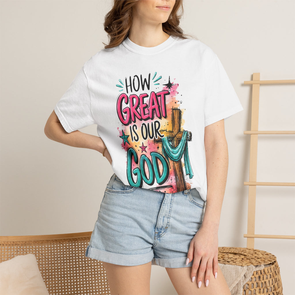How Great Is Our God Christian T-Shirt — Cross Illustration & Inspirational Scripture Tee